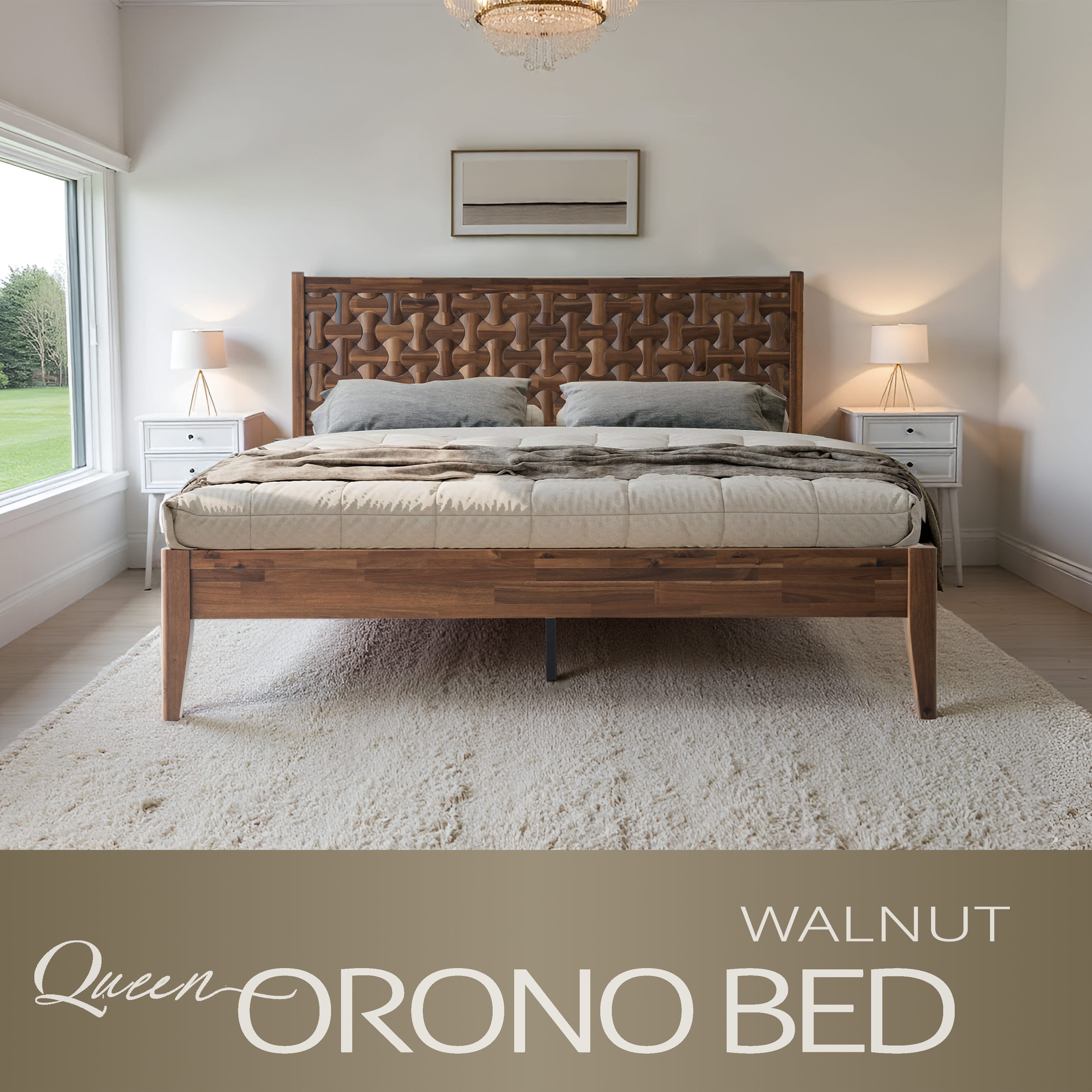 Queen Size Platform Bed with Headboard & Footboard, Solid Wood Bed Frame, Central Metal Legs, 12 Reinforced Slatted, Noise-Free & Anti-Slip, No Box Spring Needed, Easy Assembly, Walnut Finish, ORQ-37