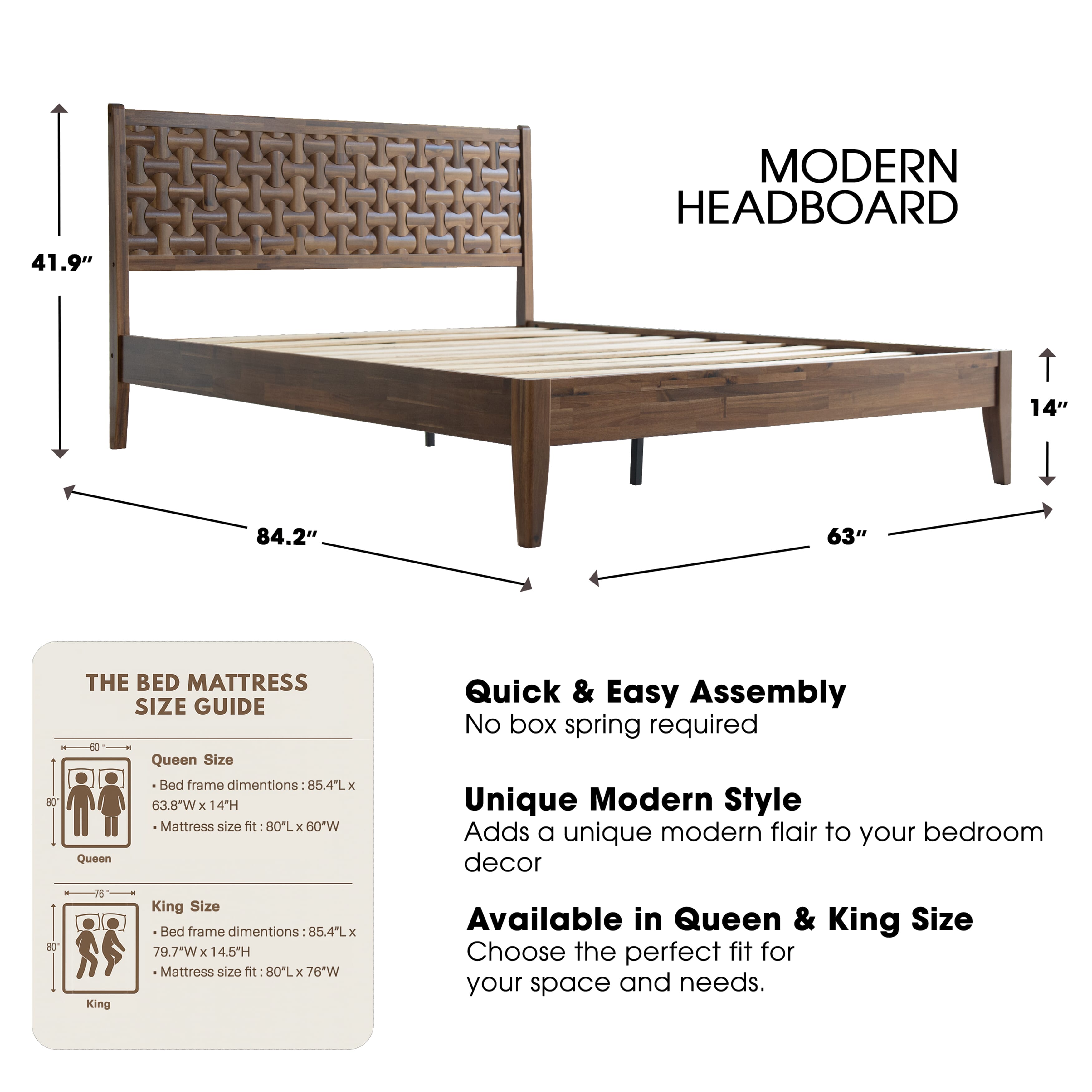 Queen Size Platform Bed with Headboard & Footboard, Solid Wood Bed Frame, Central Metal Legs, 12 Reinforced Slatted, Noise-Free & Anti-Slip, No Box Spring Needed, Easy Assembly, Walnut Finish, ORQ-37