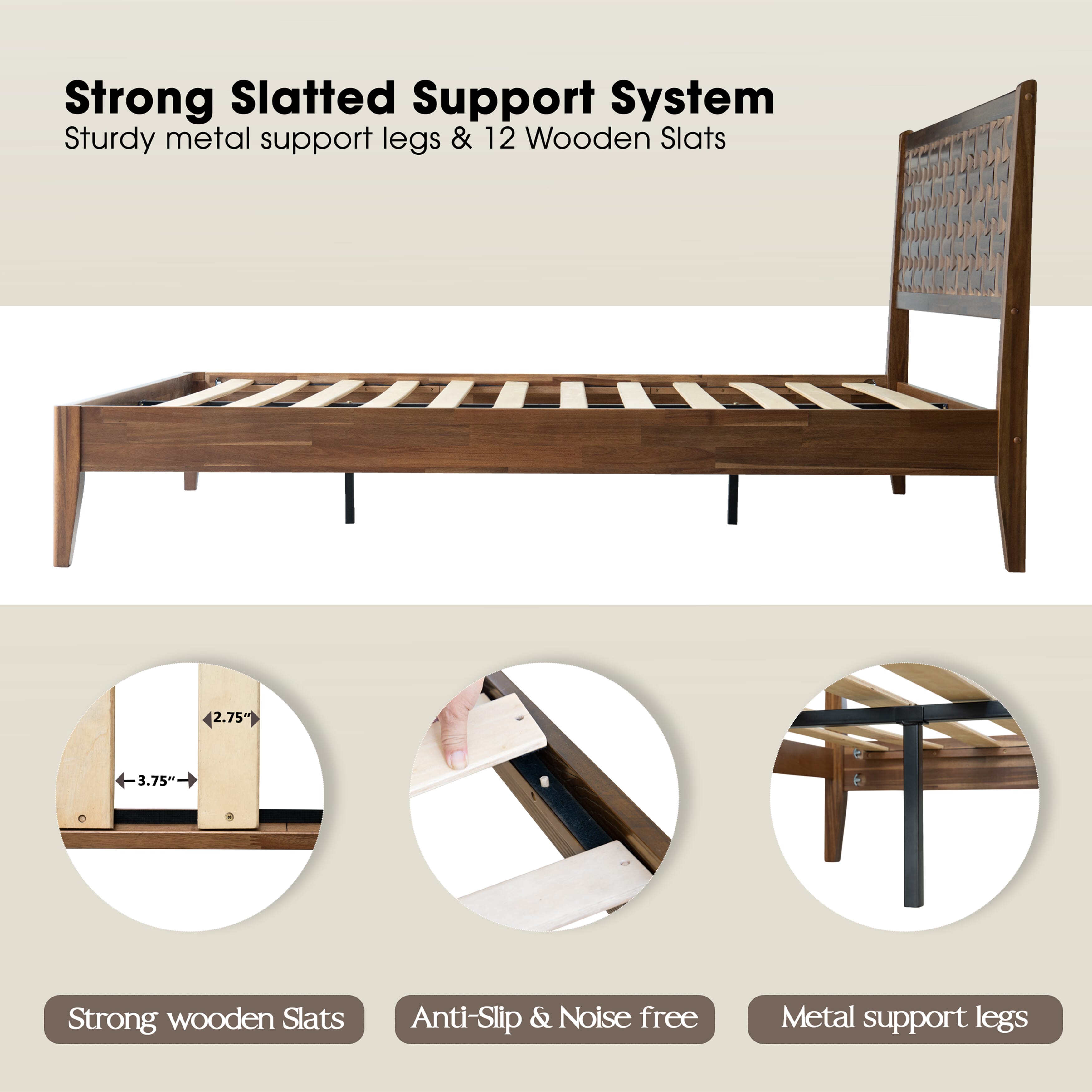Queen Size Platform Bed with Headboard & Footboard, Solid Wood Bed Frame, Central Metal Legs, 12 Reinforced Slatted, Noise-Free & Anti-Slip, No Box Spring Needed, Easy Assembly, Walnut Finish, ORQ-37
