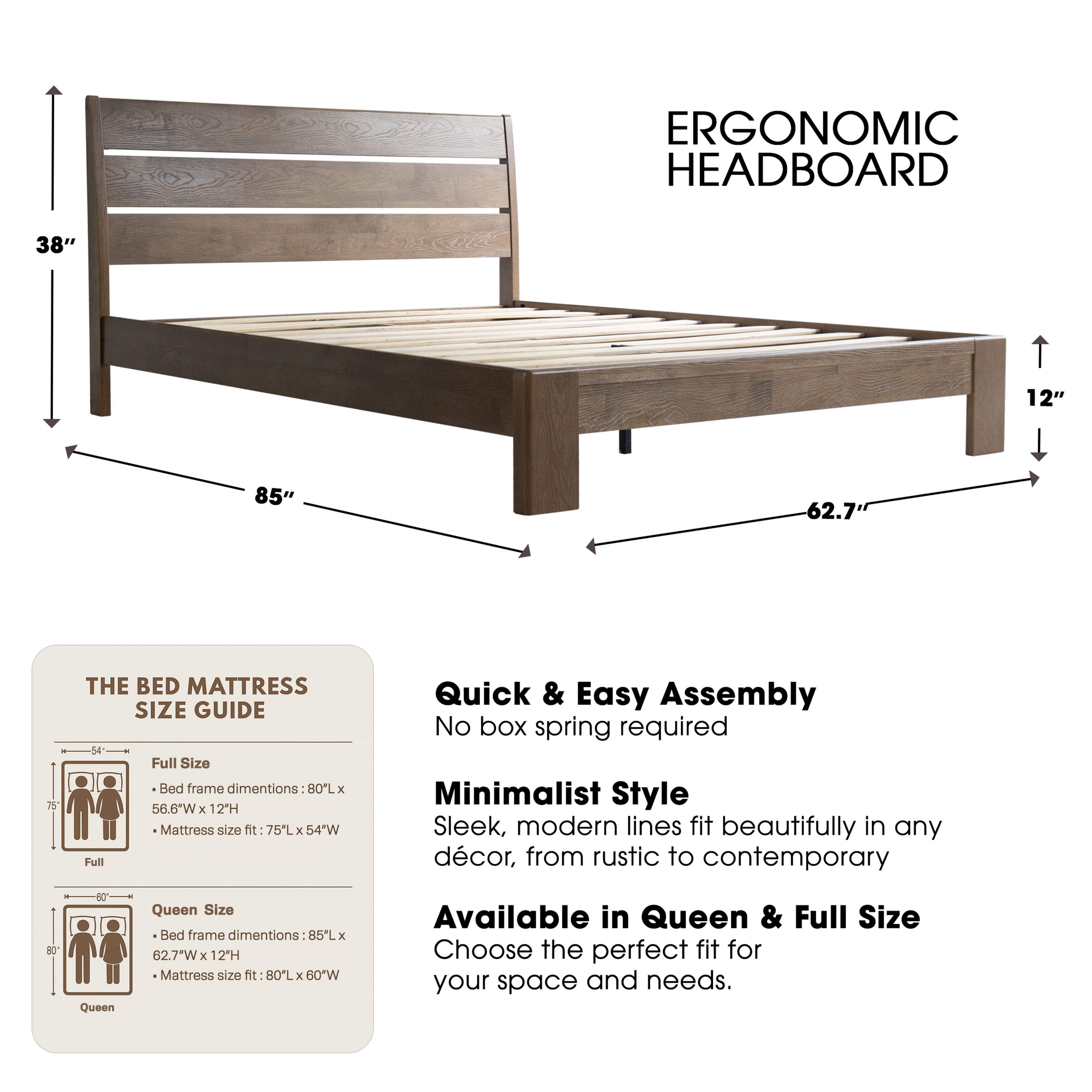 Queen Size Bed Frame with Headboard & Footboard, Solid Wood Platform Bed, Metal Legs, 12 Durable Slatted Structure, No Box Spring Needed, Anti-Slip & Noise-Free, Easy Assembly, Barnwood Finish, QIQ-30