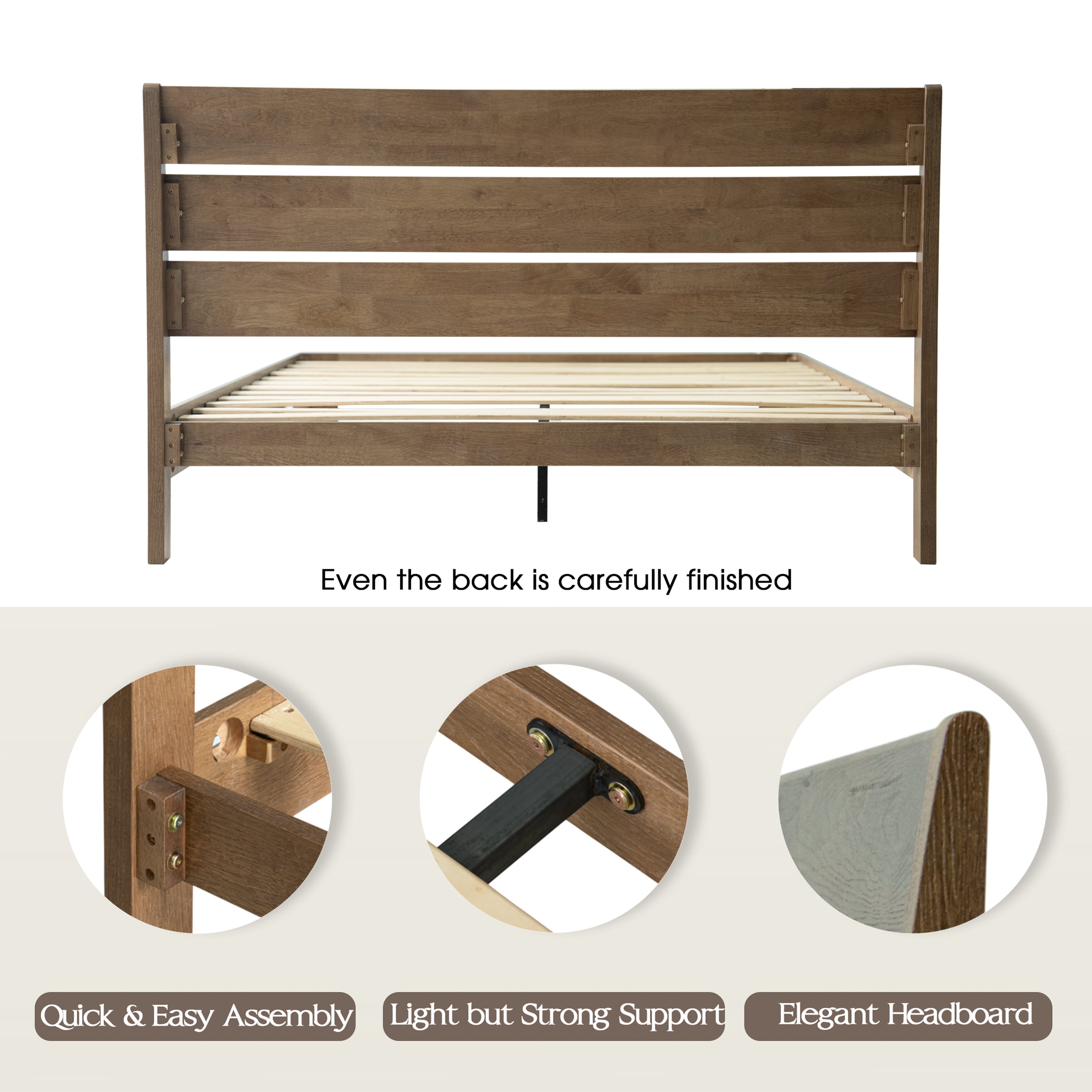 Queen Size Bed Frame with Headboard & Footboard, Solid Wood Platform Bed, Metal Legs, 12 Durable Slatted Structure, No Box Spring Needed, Anti-Slip & Noise-Free, Easy Assembly, Barnwood Finish, QIQ-30