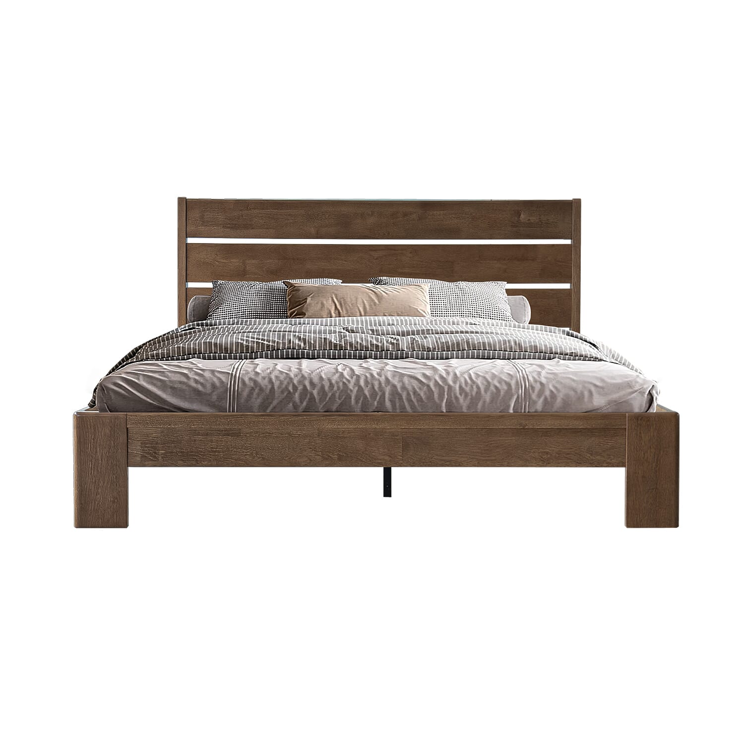 Queen Size Bed Frame with Headboard & Footboard, Solid Wood Platform Bed, Metal Legs, 12 Durable Slatted Structure, No Box Spring Needed, Anti-Slip & Noise-Free, Easy Assembly, Barnwood Finish, QIQ-30