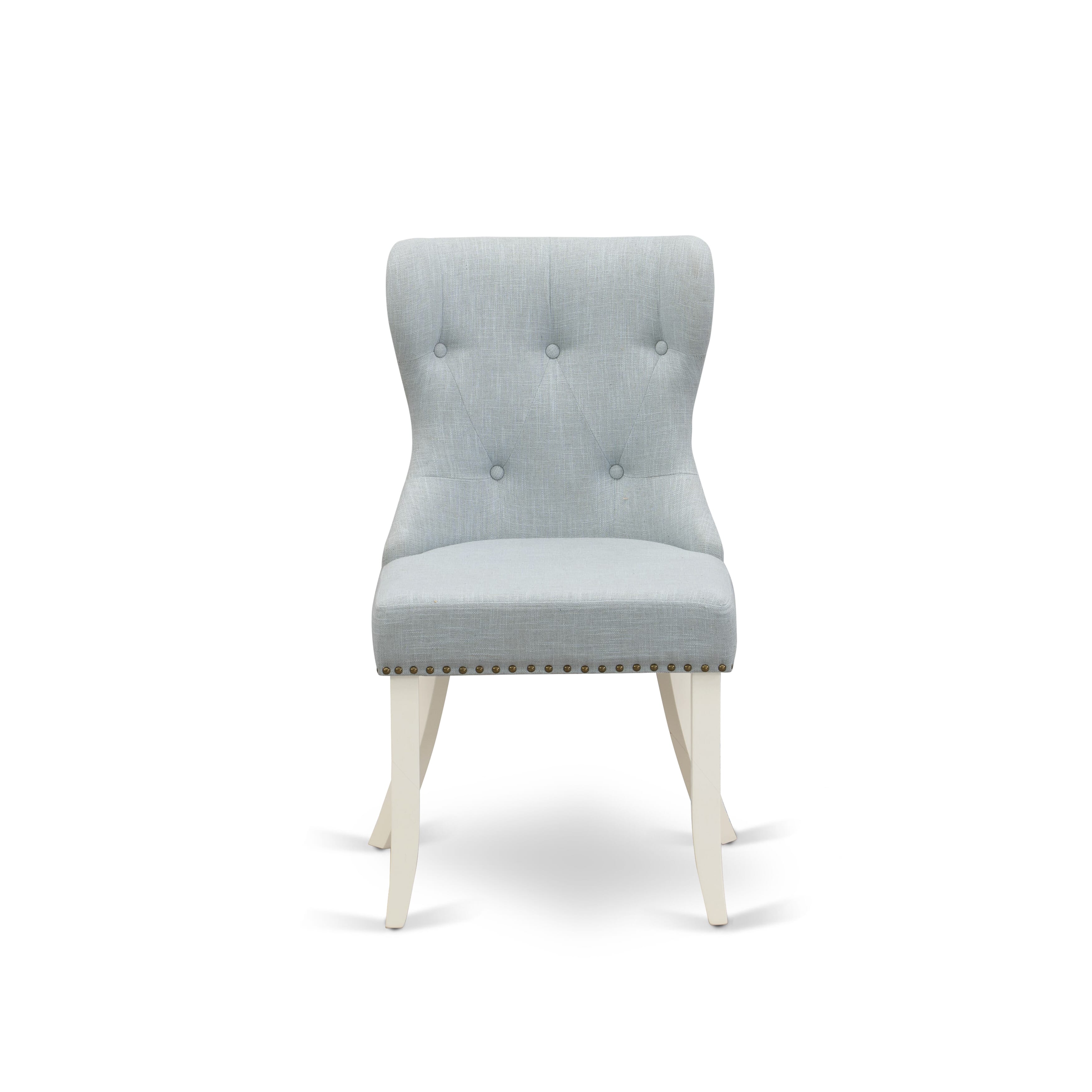 East West Furniture 7-Pc Dinette Set- 6 kitchen chairs with Baby Blue Linen Fabric Seat and Button Tufted Chair Back - Rectangular Table top & Wooden Legs (linen white Finish)
