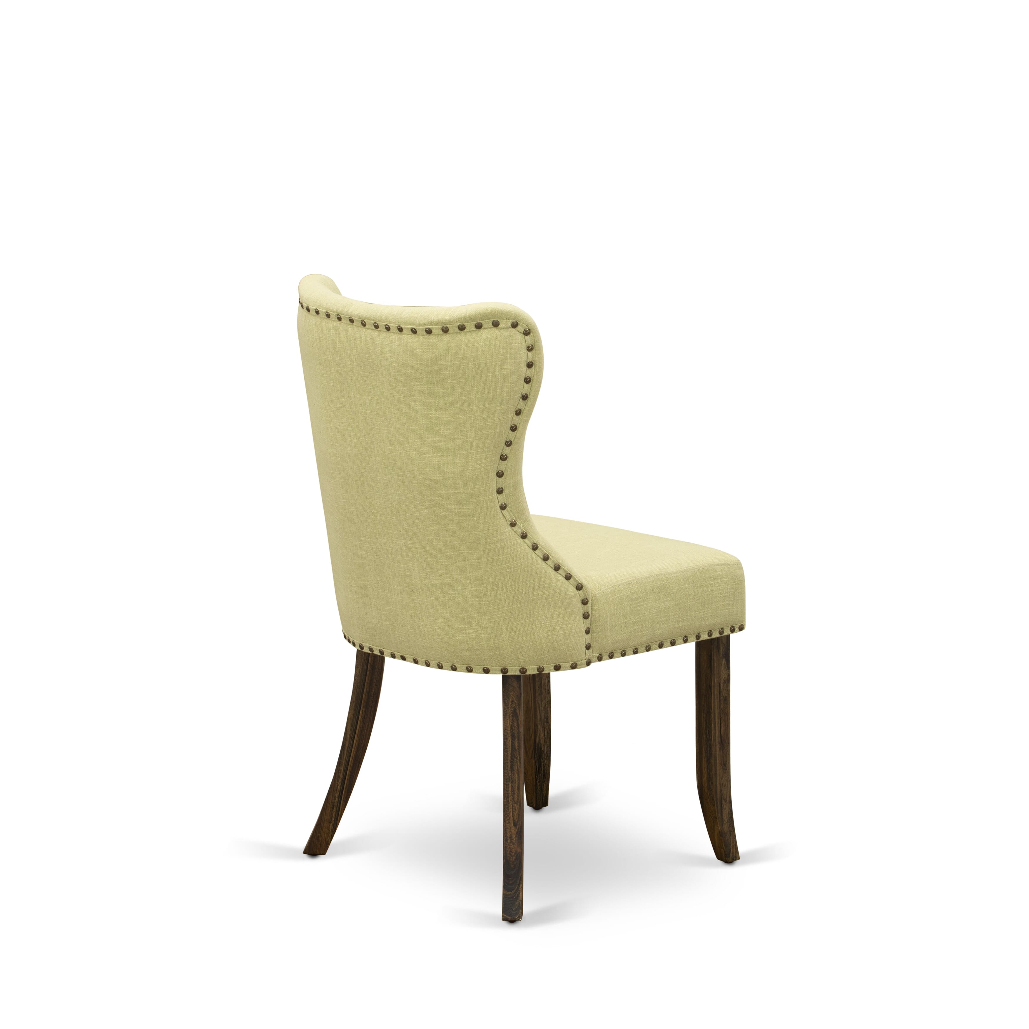 East West Furniture X727SI737-7 7-Piece Kitchen Dining Set- 6 Mid Century Dining Chairs with Limelight Linen Fabric Seat and Button Tufted Chair Back - Rectangular Table top & Wooden Cross Legs - linen white and Distressed Jacobean Finish