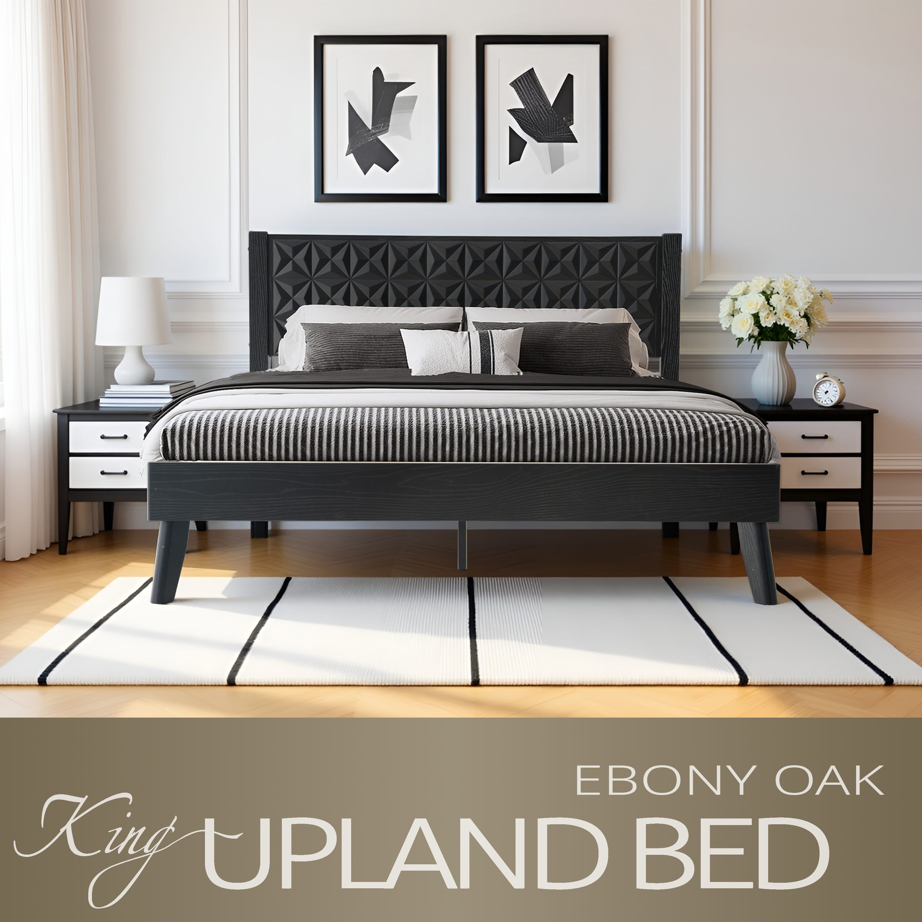 King Size Platform Bed Frame with Solid Wood Headboard & Footboard, 12 Sturdy Slatted Base, Central Metal Legs, Noise-Free & Slip-Free, Easy Assembly, No Box Spring Needed, Ebony Oak Finish, UPK-35