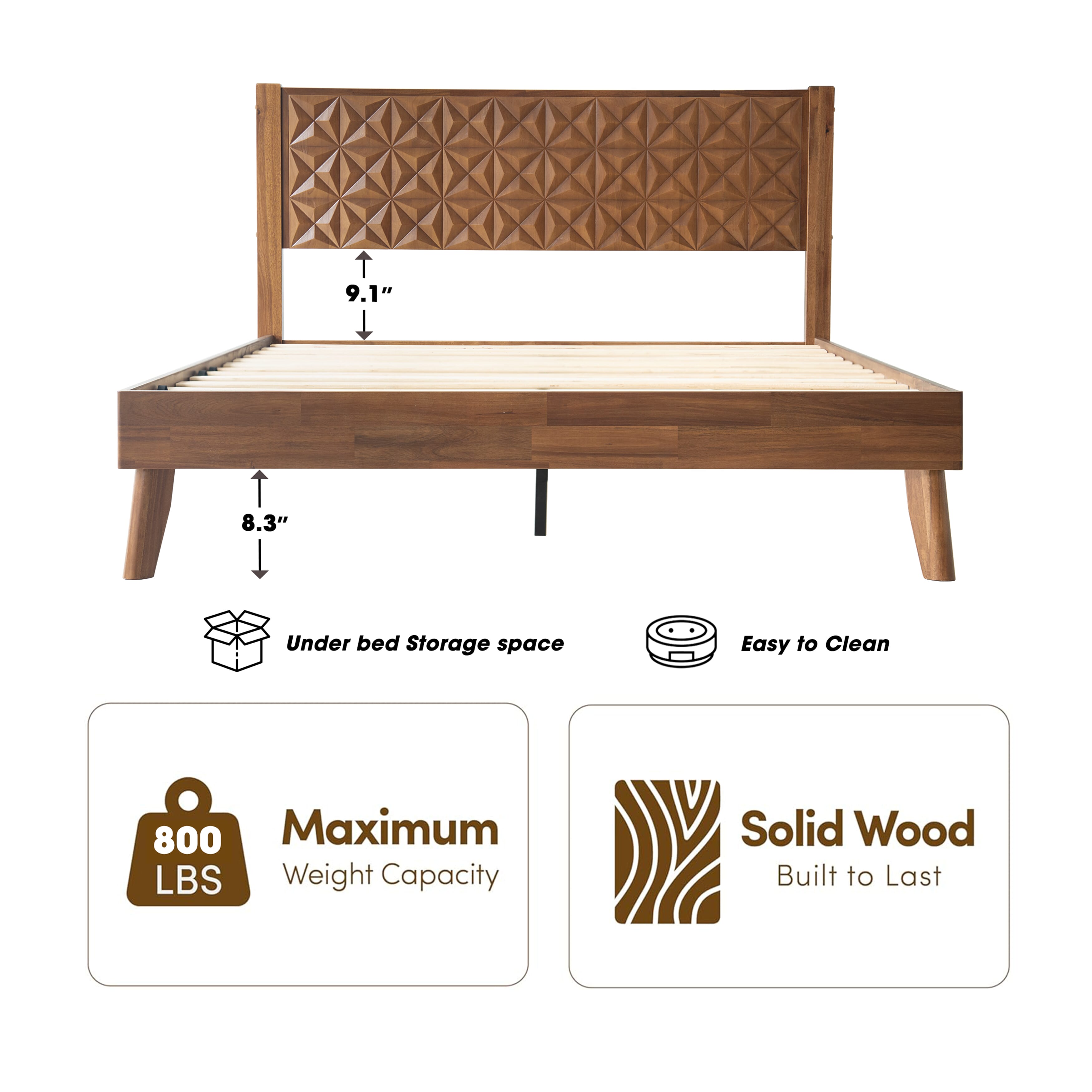 King Size Platform Bed Frame with Headboard & Footboard, 12 Solid Wood Strong Slats, Center Metal Legs, Noise-Free & Slip-Free Design, Easy Assembly, No Box Spring Needed, Walnut Finish, UPK-37