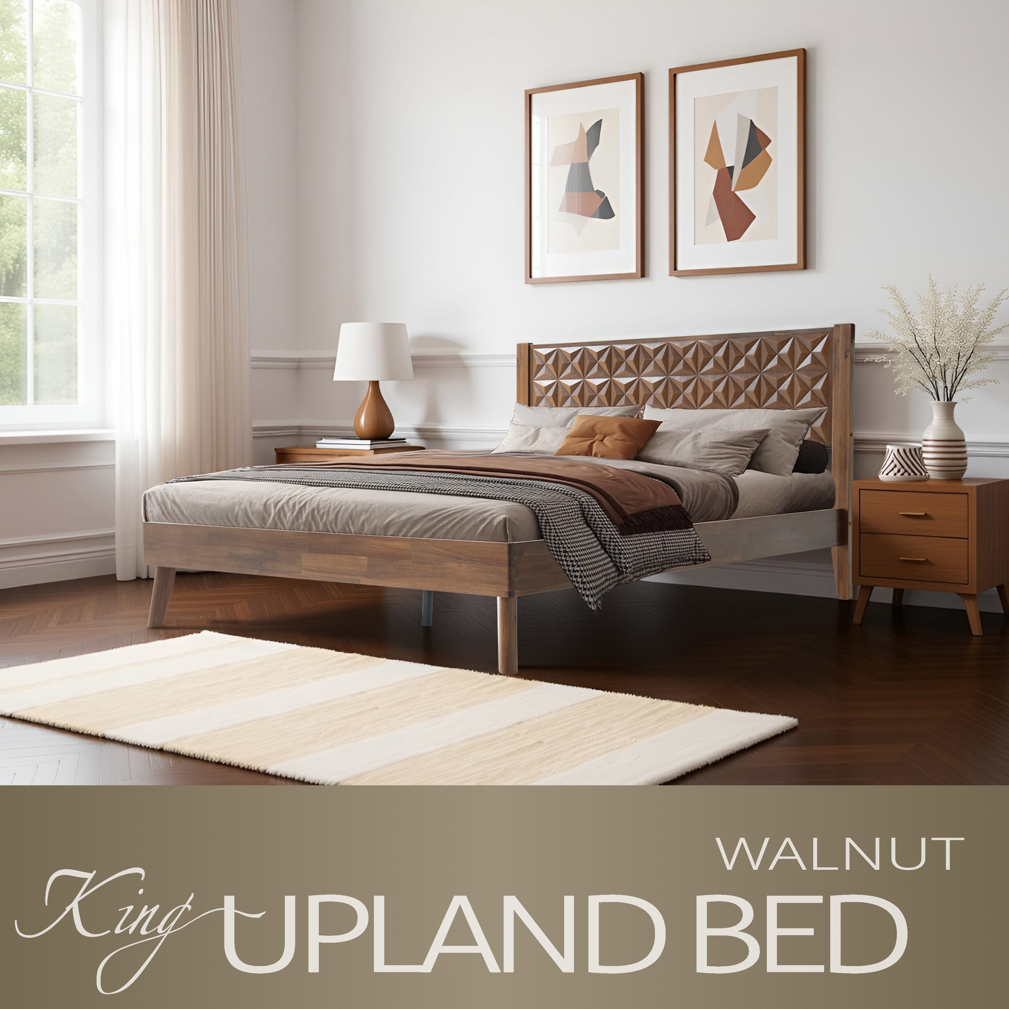 King Size Platform Bed Frame with Headboard & Footboard, 12 Solid Wood Strong Slats, Center Metal Legs, Noise-Free & Slip-Free Design, Easy Assembly, No Box Spring Needed, Walnut Finish, UPK-37