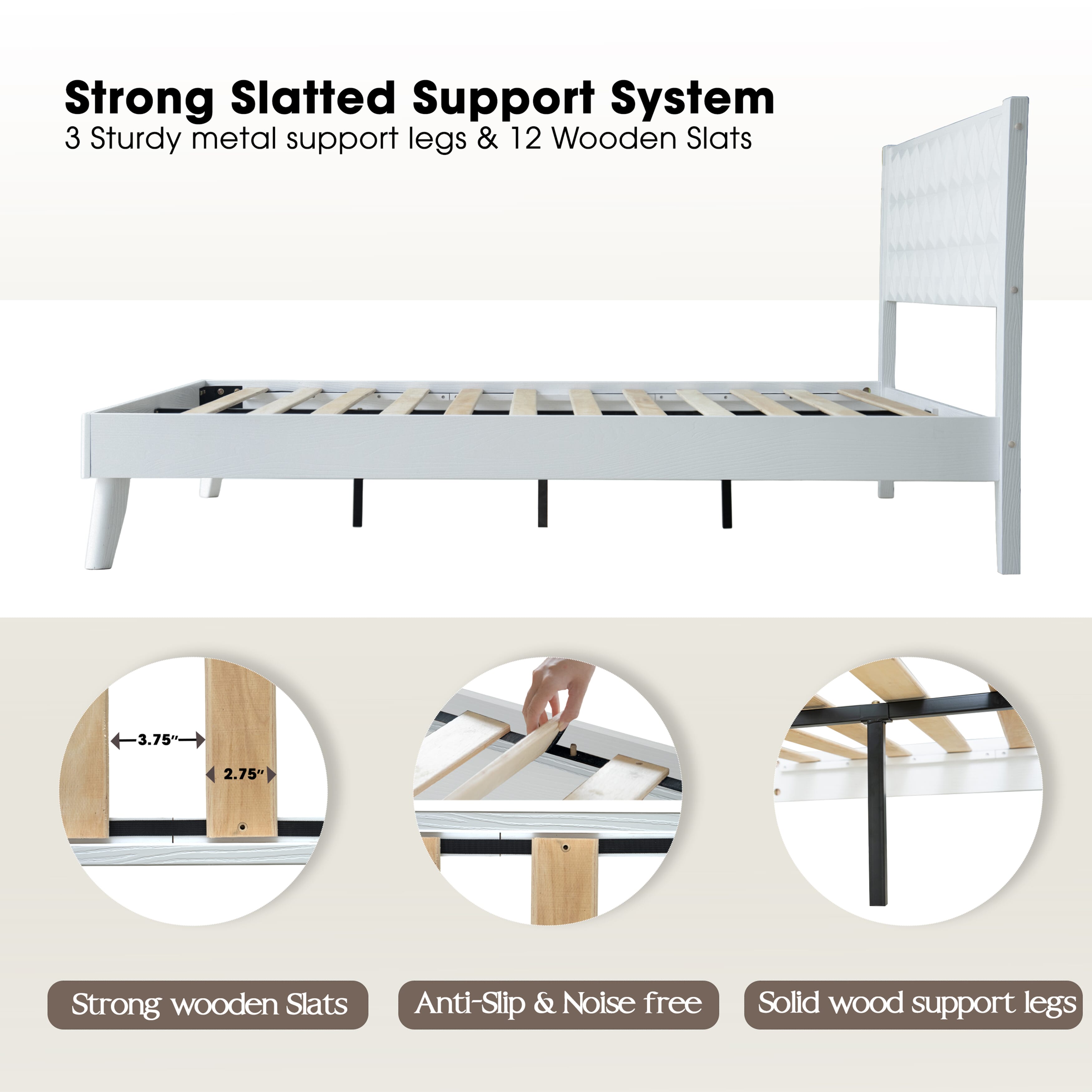 King Size Solid Wood Platform Bed Frame with Headboard & Footboard, 12 Strong Slatted Base, Central Metal Legs, Easy Assembly, Noise & Slip-Free, No Box Spring Needed, Pure White Finish, UPK-39