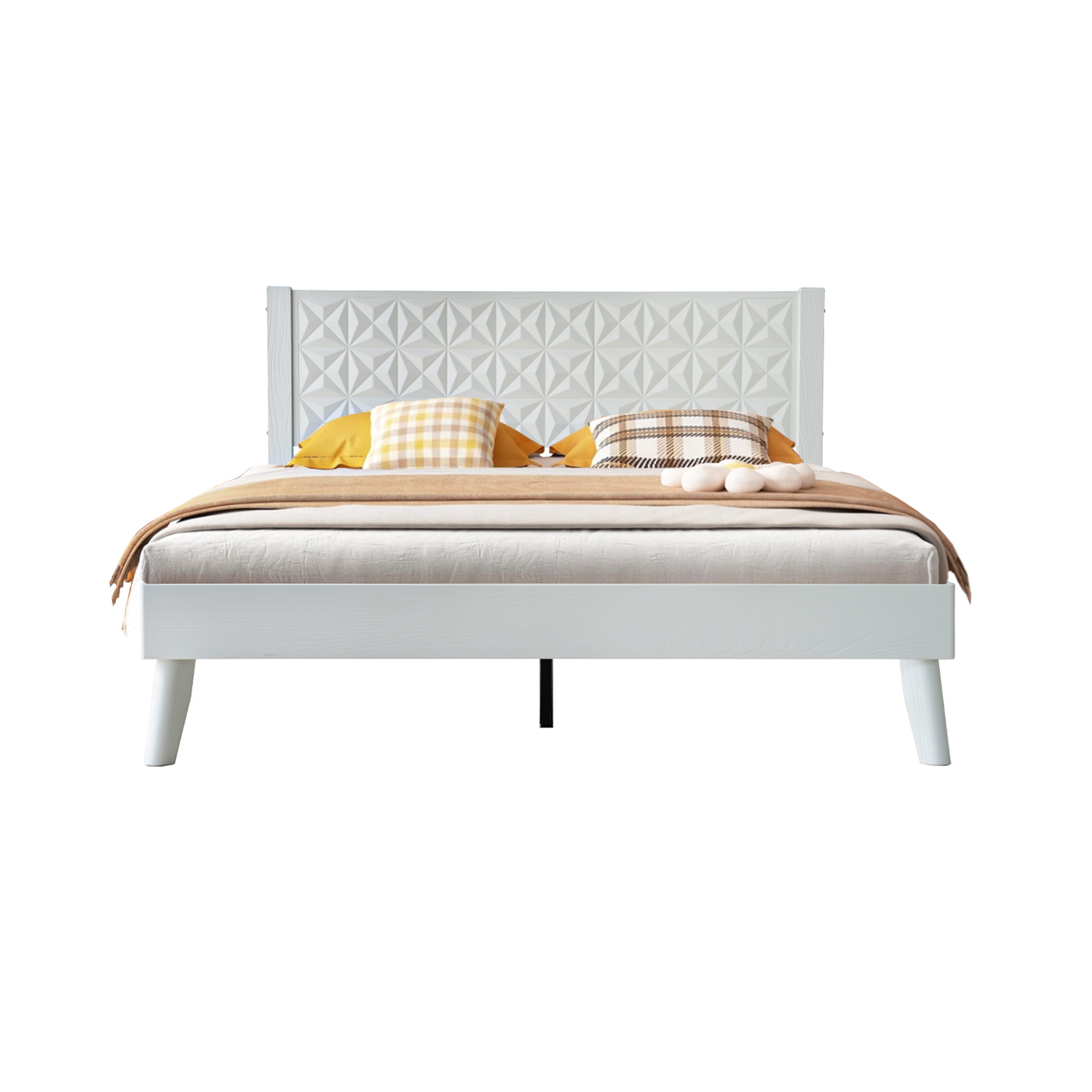 King Size Solid Wood Platform Bed Frame with Headboard & Footboard, 12 Strong Slatted Base, Central Metal Legs, Easy Assembly, Noise & Slip-Free, No Box Spring Needed, Pure White Finish, UPK-39