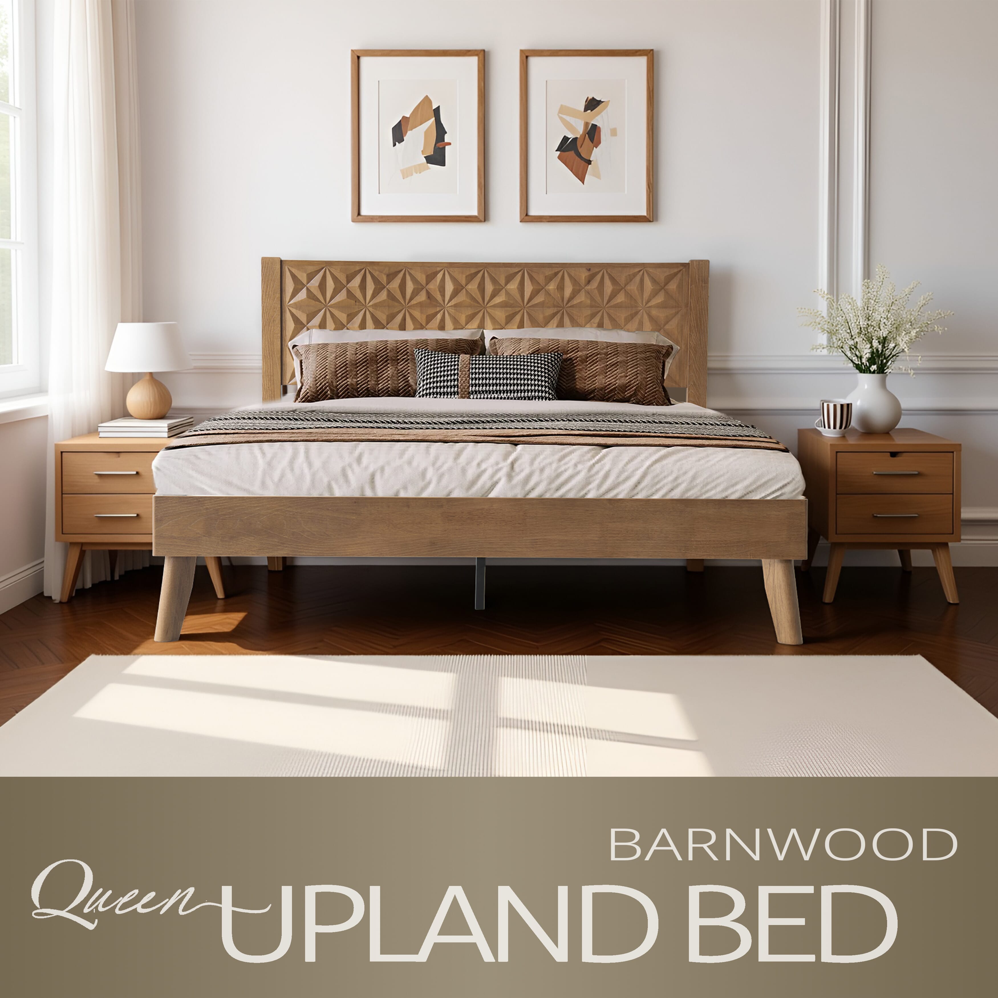 Queen Size Solid Wood Platform Bed Frame with Headboard & Footboard, Center Metal Legs, 12 Heavy-Duty Slats, Noise-Free & Anti-Slip Design, Easy Assembly, No Box Spring Needed, Barnwood Finish, UPQ-30