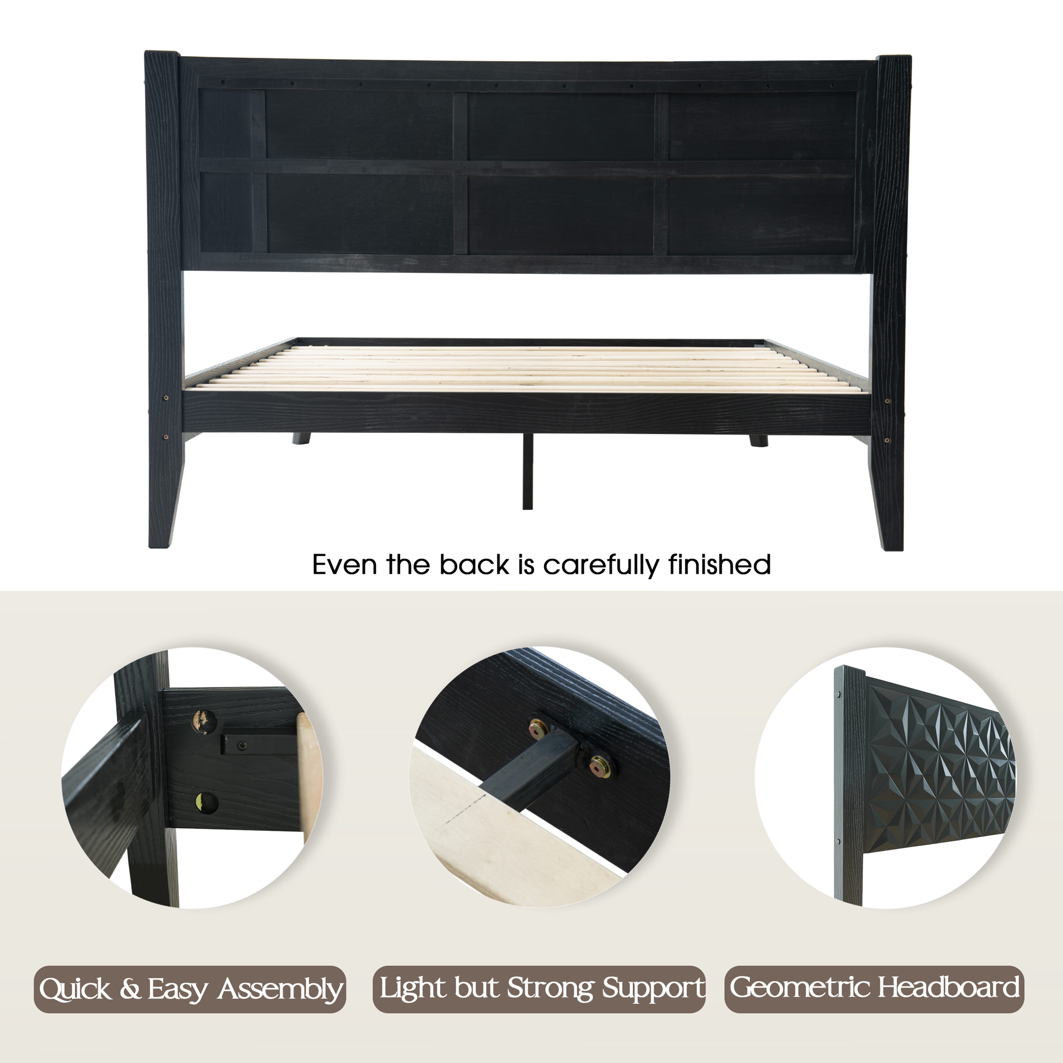 Queen Size Platform Bed Frame with Headboard & Footboard, Center Metal Legs, 12 Solid Wood Slatted Base, Easy Assembly, No Box Spring Needed, Noise-Free & Anti-Slip, Ebony Oak Finish, UPQ-35