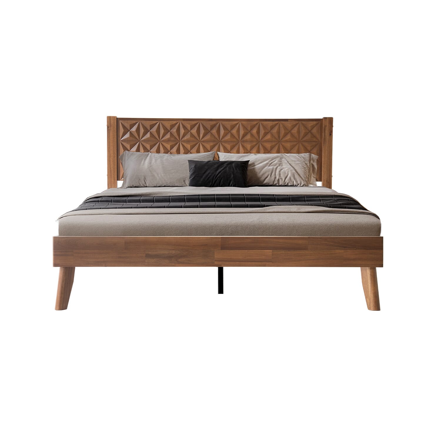 Queen Size Bed Frame with Headboard & Footboard, Solid Wood Platform Bed with Metal Legs, 12 Reinforced Slatted Base, Noise-Free & Anti-Slip, No Box Spring Needed, Walnut Finish, UPQ-37