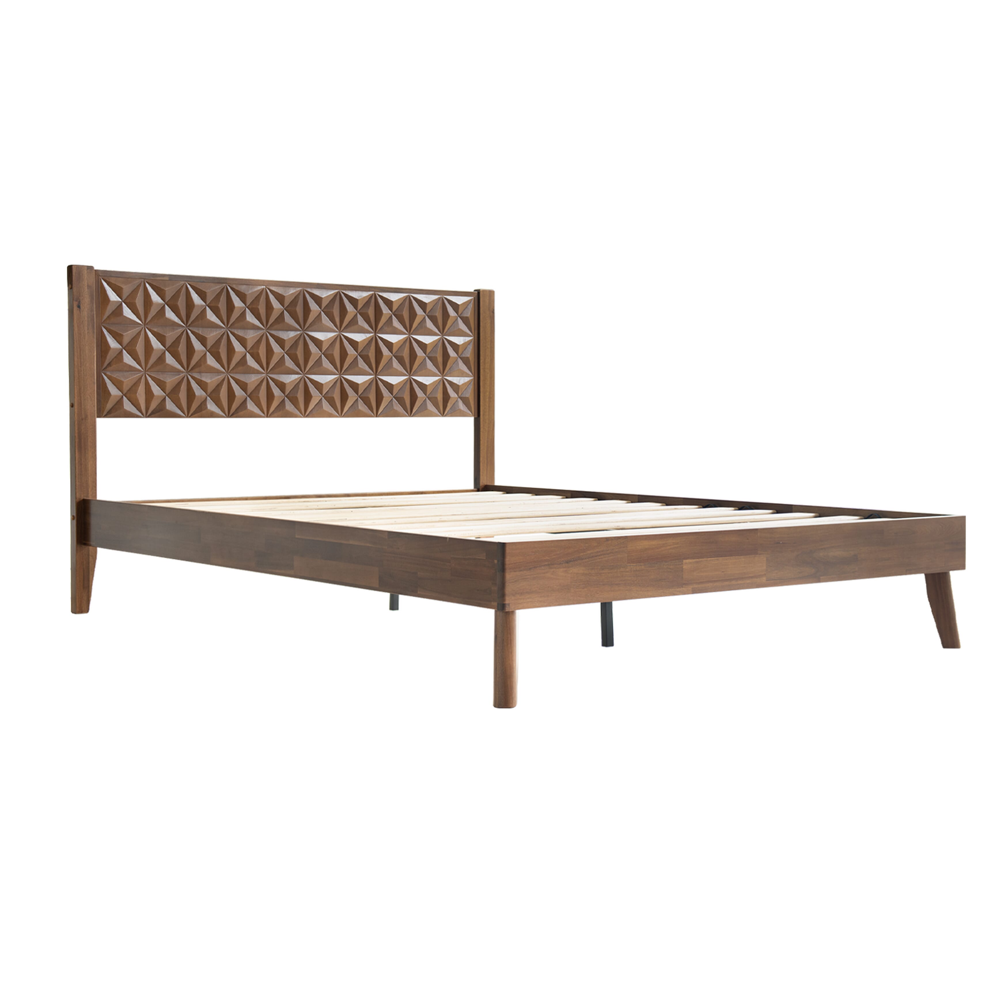 Queen Size Bed Frame with Headboard & Footboard, Solid Wood Platform Bed with Metal Legs, 12 Reinforced Slatted Base, Noise-Free & Anti-Slip, No Box Spring Needed, Walnut Finish, UPQ-37