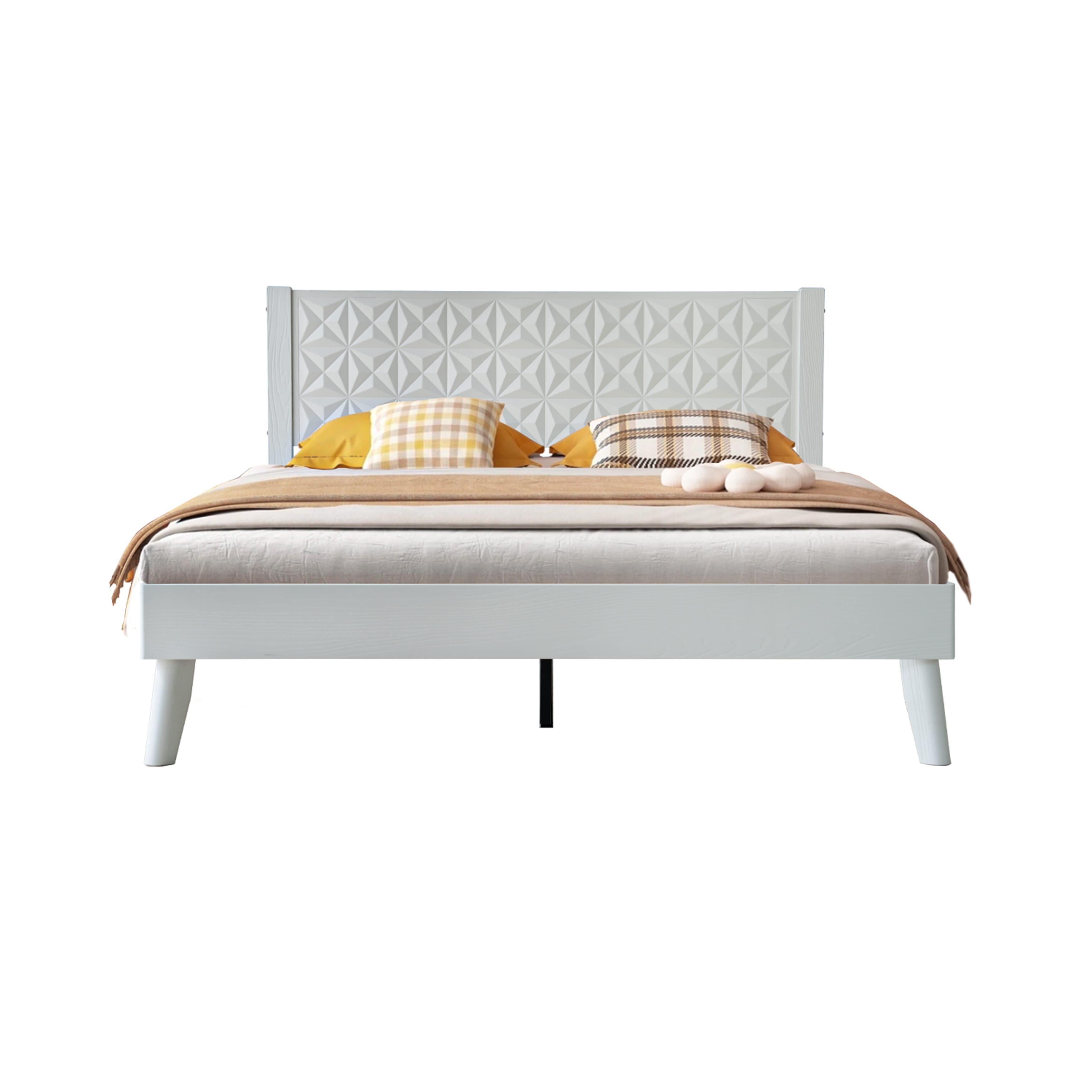 Queen Size Solid Wood Platform Bed Frame with Headboard & Footboard, Central Metal Legs, 12 Sturdy Slats, Noise-Free & Anti-Slip Design, Easy Assembly, No Box Spring Needed, Pure White Finish, UPQ-39
