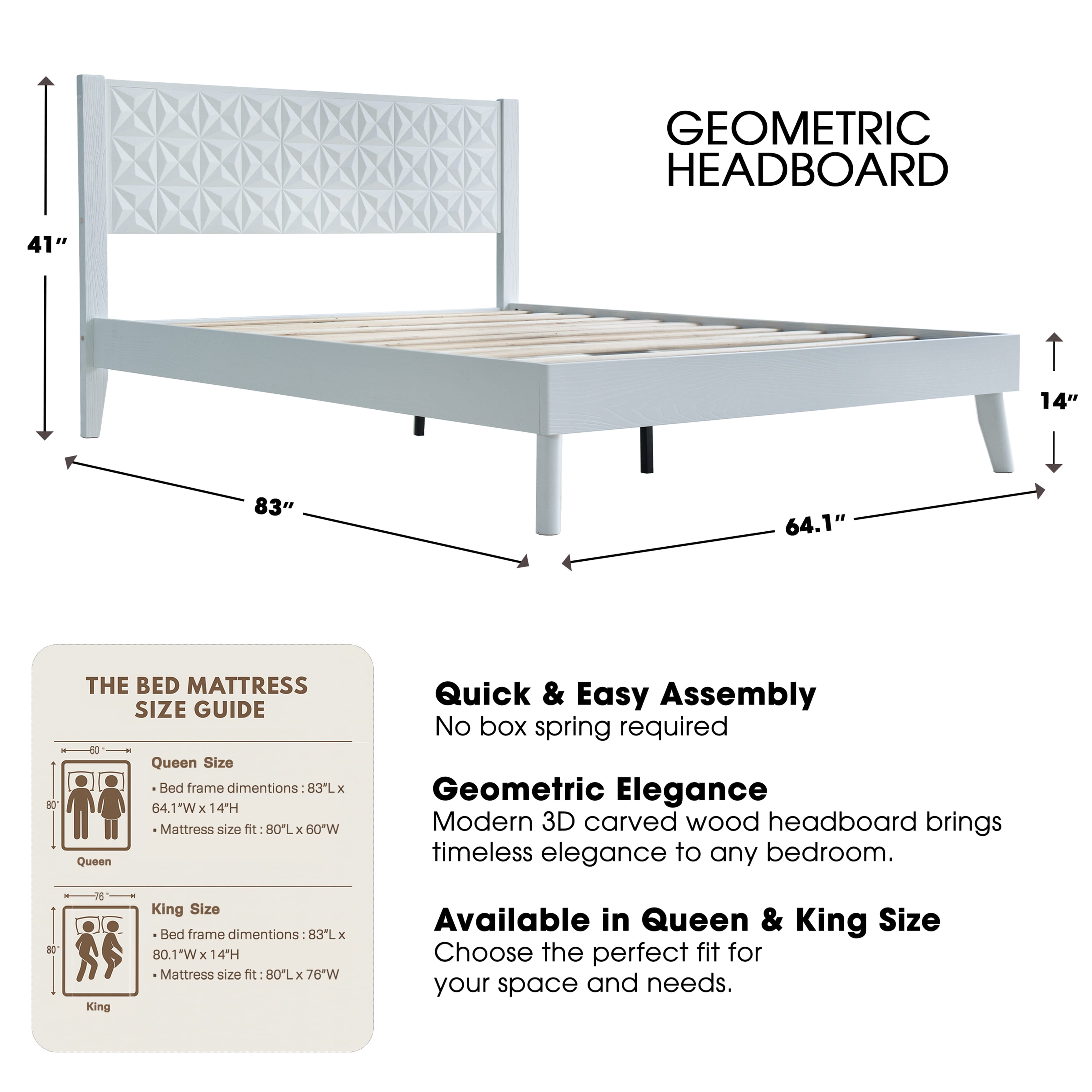 Queen Size Solid Wood Platform Bed Frame with Headboard & Footboard, Central Metal Legs, 12 Sturdy Slats, Noise-Free & Anti-Slip Design, Easy Assembly, No Box Spring Needed, Pure White Finish, UPQ-39