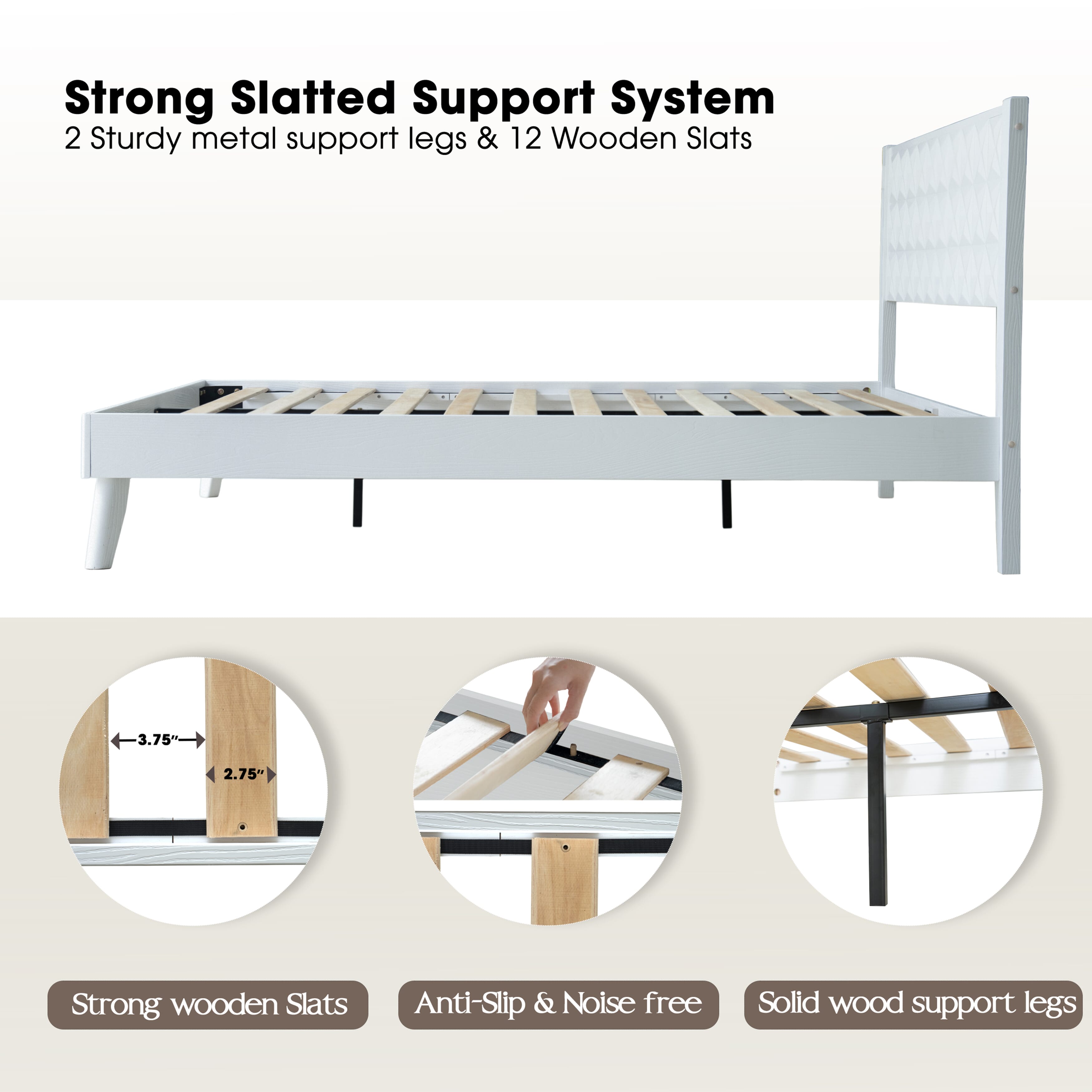 Queen Size Solid Wood Platform Bed Frame with Headboard & Footboard, Central Metal Legs, 12 Sturdy Slats, Noise-Free & Anti-Slip Design, Easy Assembly, No Box Spring Needed, Pure White Finish, UPQ-39