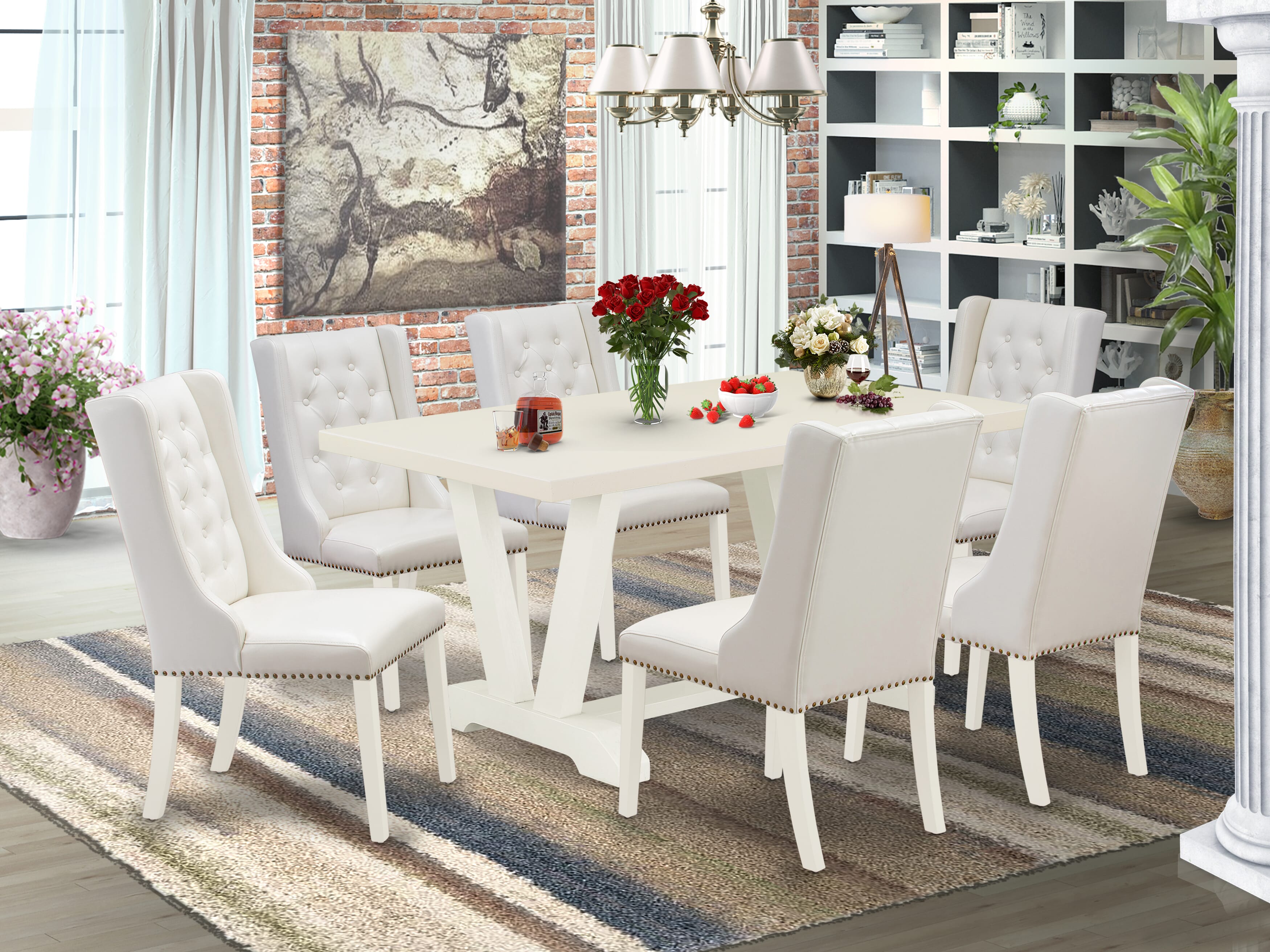 V026FO244-7 7-Pc Dining Table Set Contains 6 Linen white Pu faux Leather Dining Room Chair Button Tufted with Nailheads and Dining Room Table - linen white Finish