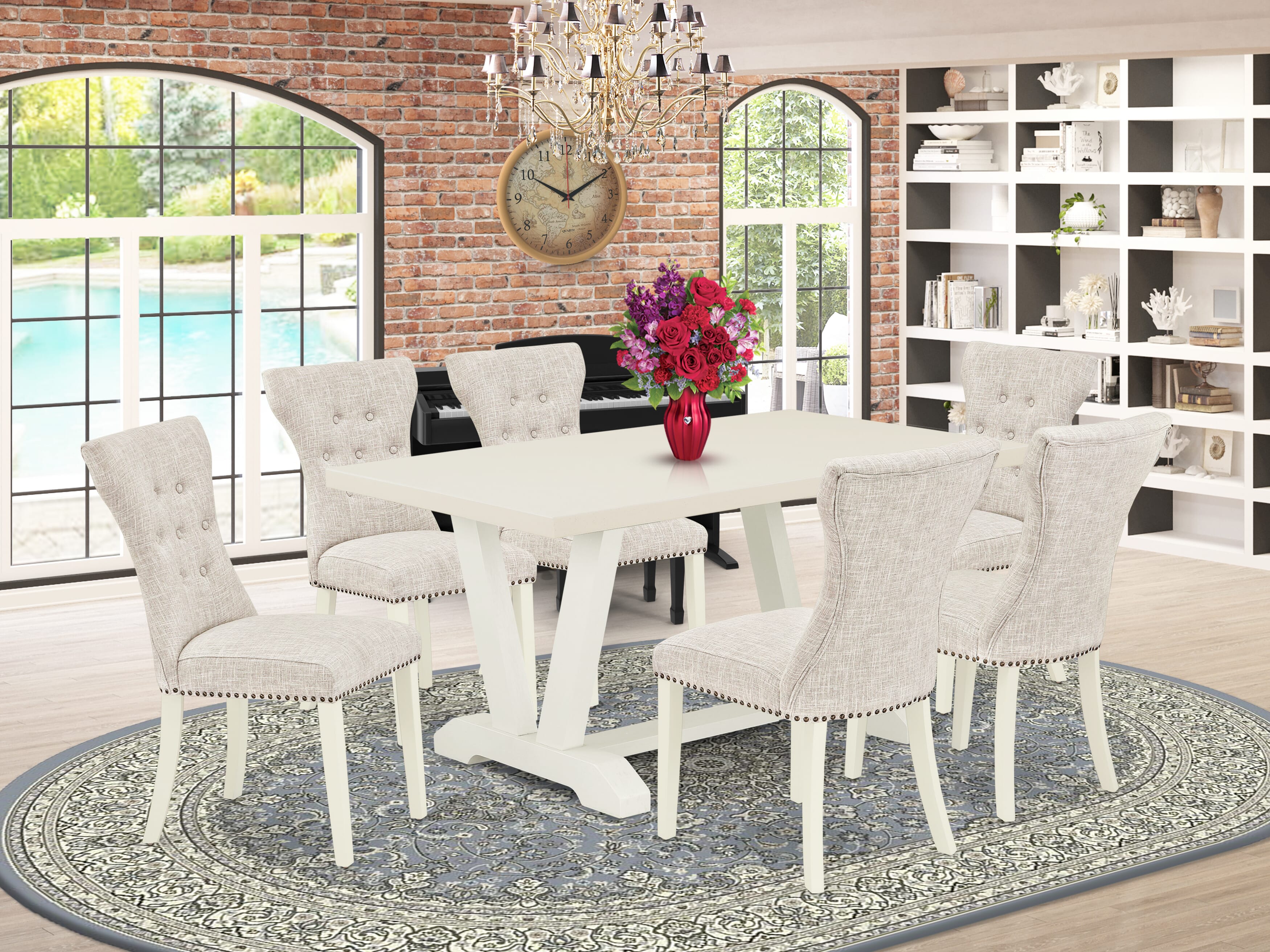East West Furniture V026GA235-7 7-Pc dining room table set a wonderful linen white small table top and 6 Beautiful Kitchen Parson Chair with Nail heads and Button Tufted, linen white Finish