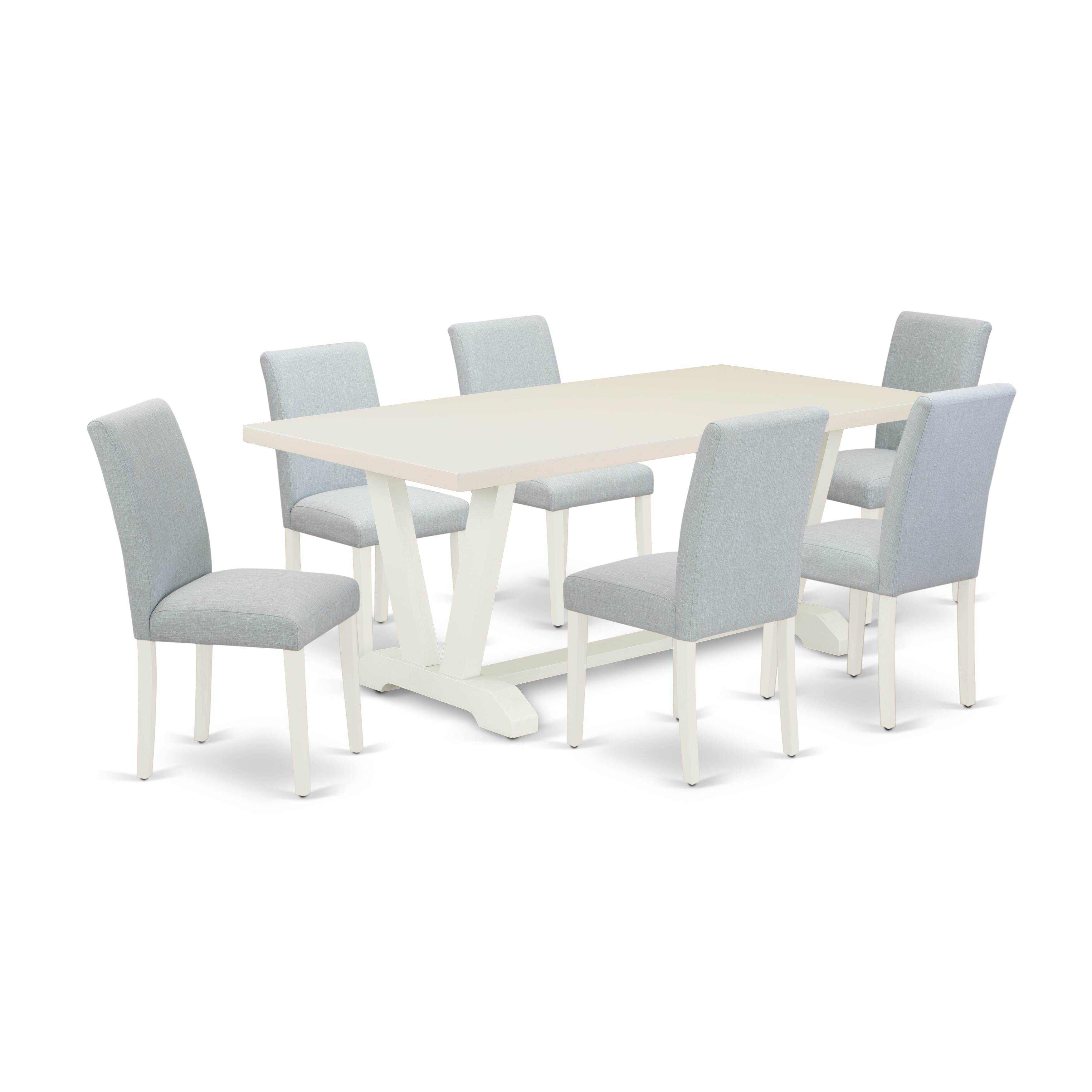 East West Furniture 7-Piece Dining Room Set Includes 6 Modern Chairs with Upholstered Seat and High Back and a Rectangular Dining Table - Linen White Finish