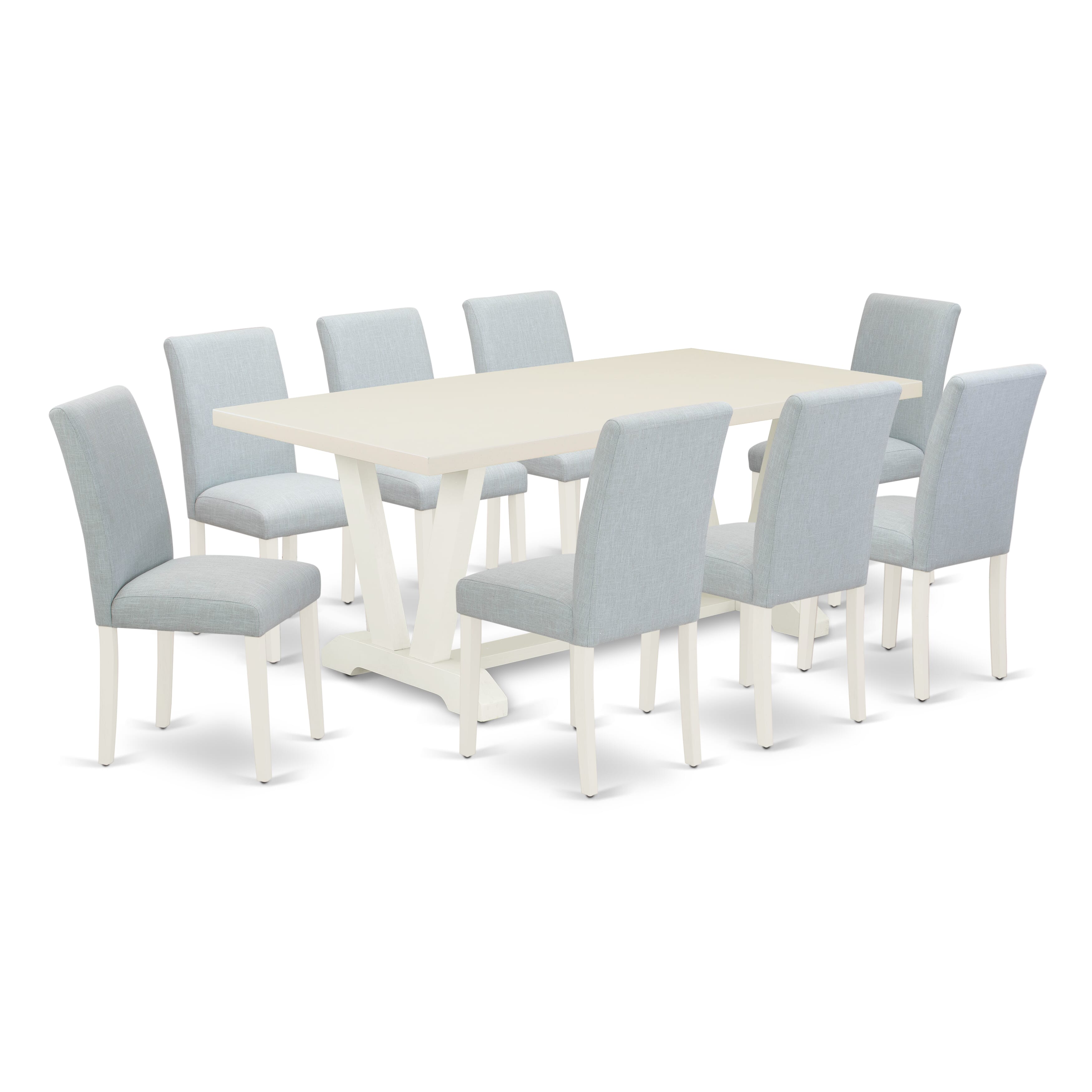 Juego de mesa de comedor de 9 piezas East West Furniture V027AB015-9. Incluye una mesa de comedor rectangular con patas en V y 8 sillas tapizadas en tela de lino azul bebé.