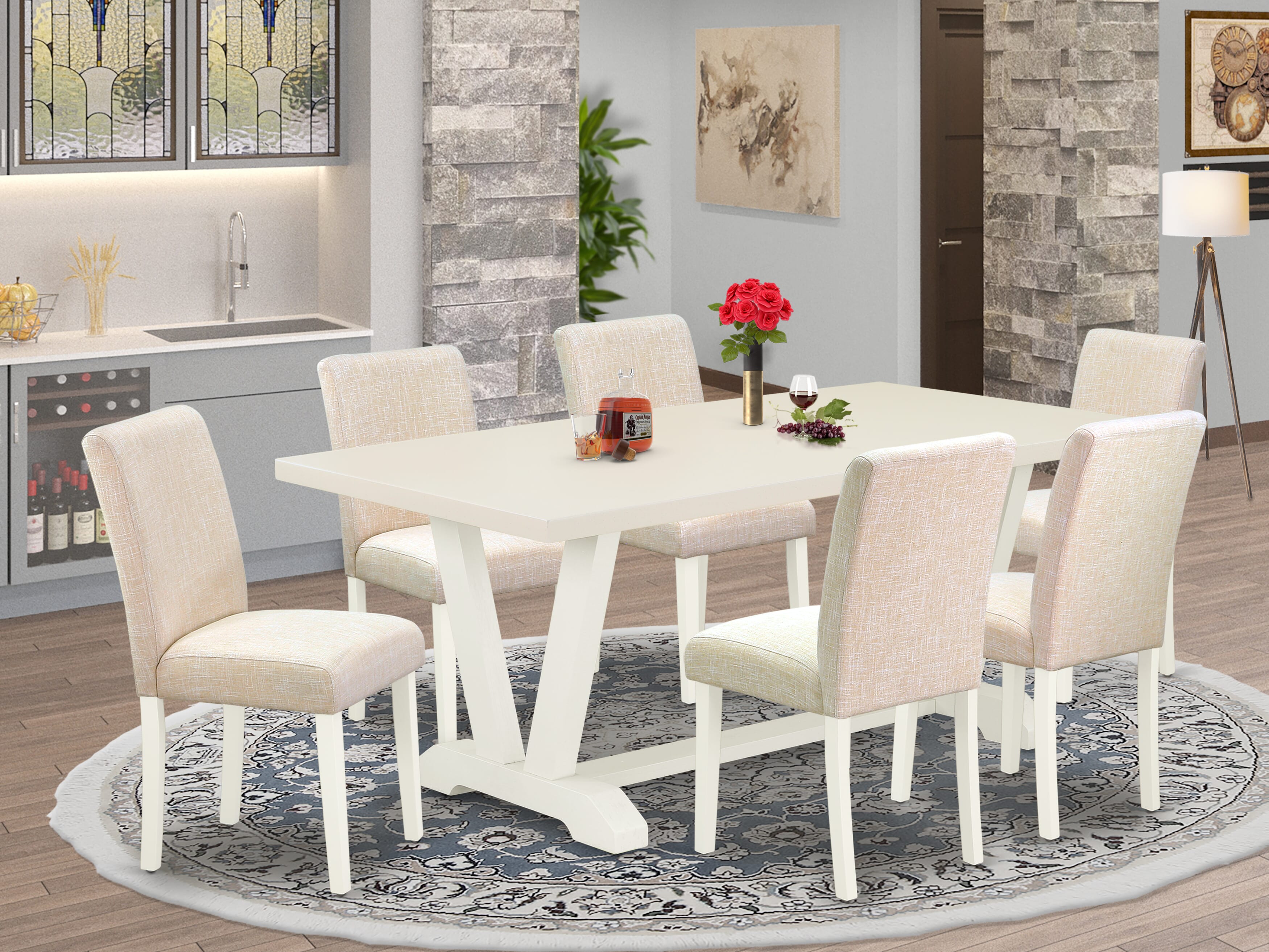 East West Furniture V027AB202-7 7-Piece Dinette Set a Great Cement Color Small Kitchen Table top and 6 Wonderful Parson chairs with High Stylish Chair Back, linen white Finish