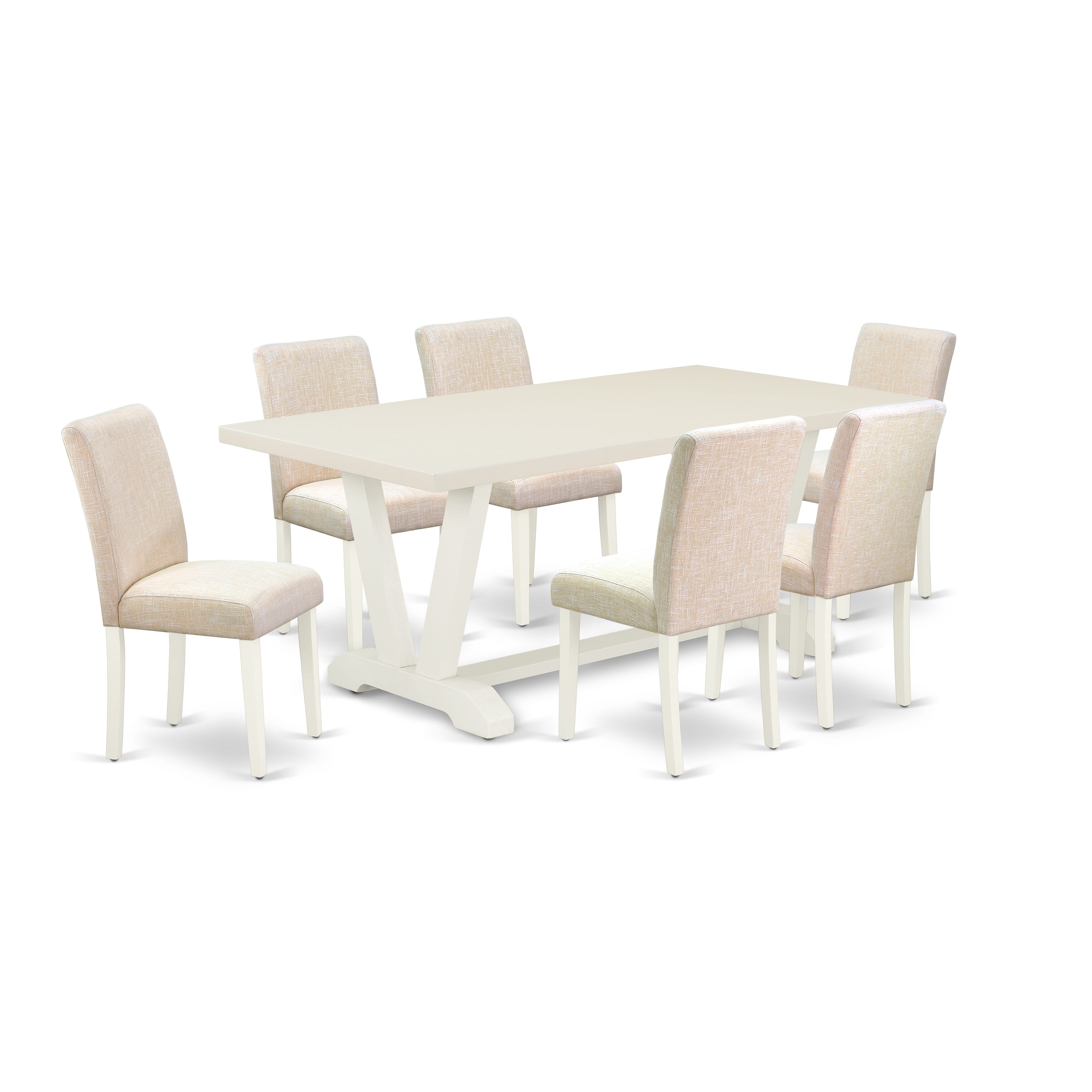 East West Furniture V027AB202-7 7-Piece Dinette Set a Great Cement Color Small Kitchen Table top and 6 Wonderful Parson chairs with High Stylish Chair Back, linen white Finish