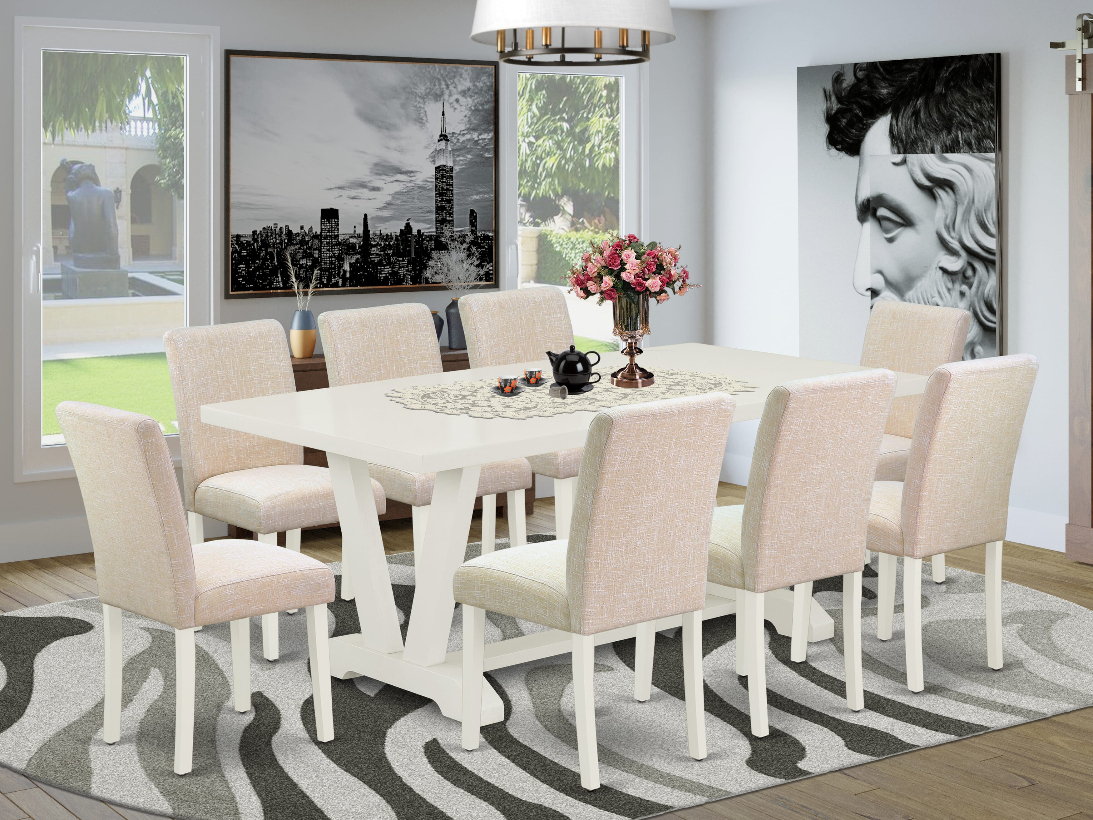 East West Furniture V027AB202-9 9-Piece an Excellent linen white Small Table top and 8 Gorgeous dining room chairs with High Stylish Chair Back, linen white Finish