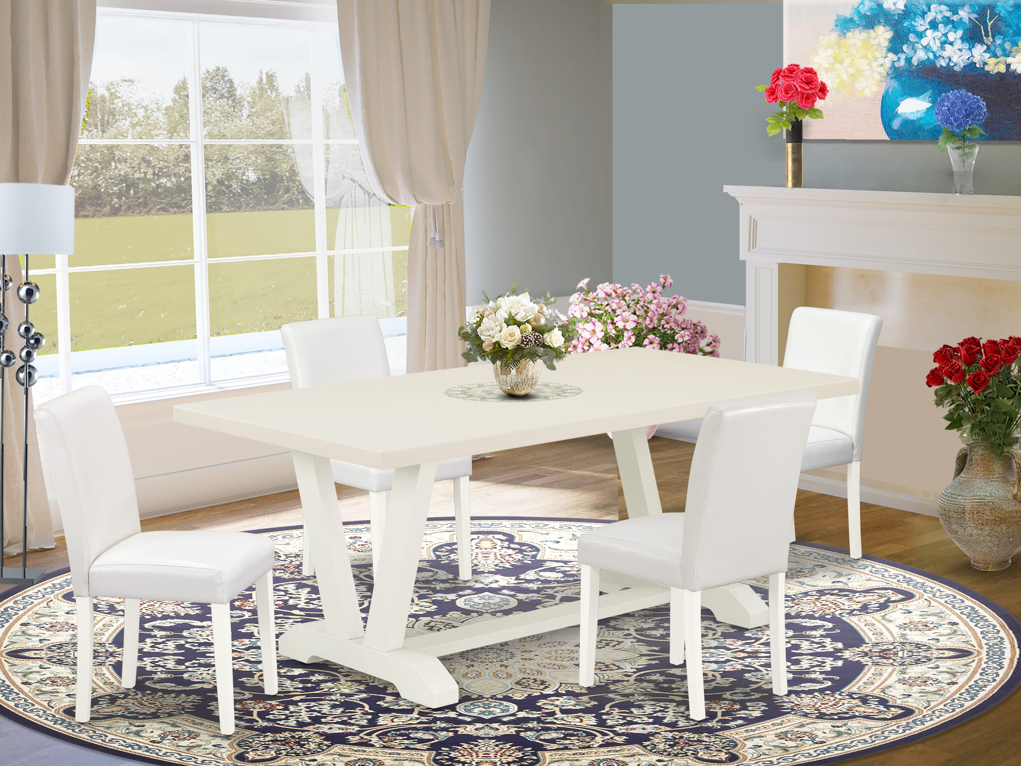 V027AB264-5 5-Piece Dining Room Set with Dining Table and 4 PU faux Leather Parson Chairs (linen white Finish)