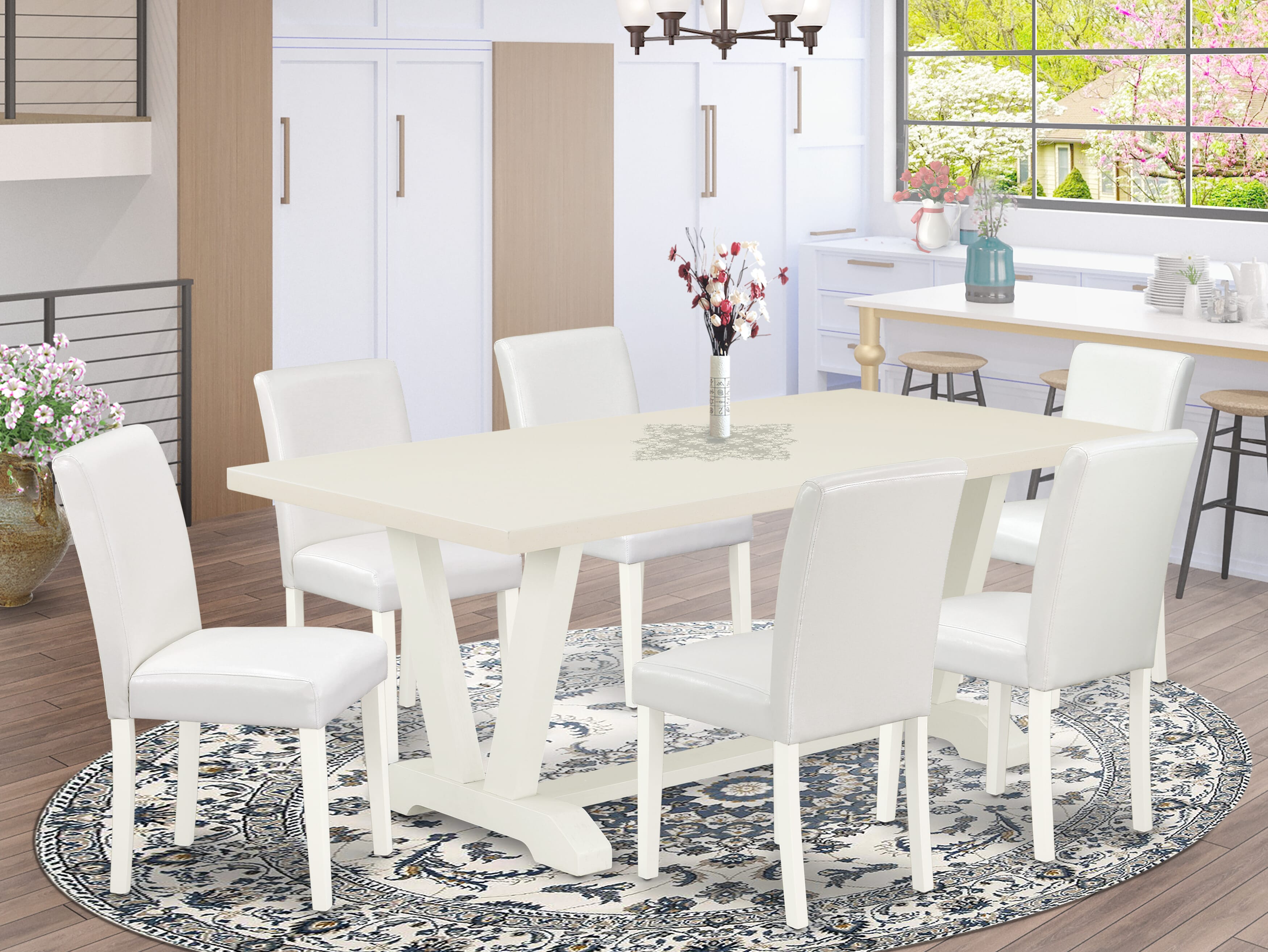 Juego de comedor de 7 piezas East West Furniture V027AB264-7 compuesto por una mesa de comedor rectangular con patas en V y 6 sillas tapizadas en piel sintética blanca.