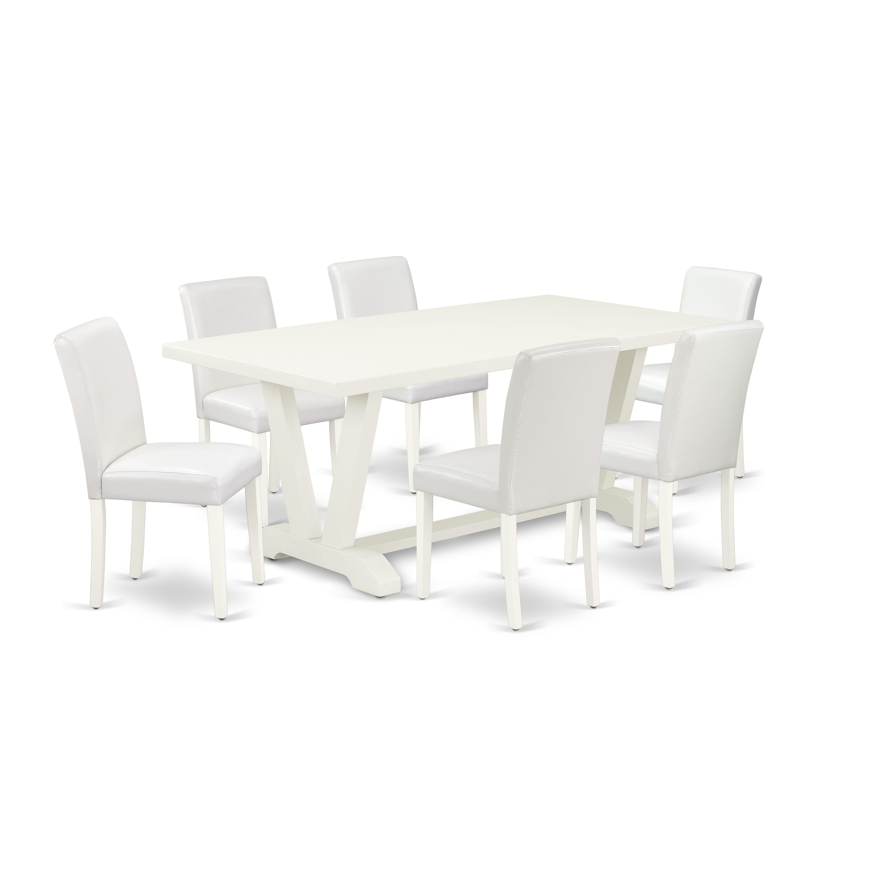 Juego de comedor de 7 piezas East West Furniture V027AB264-7 compuesto por una mesa de comedor rectangular con patas en V y 6 sillas tapizadas en piel sintética blanca.