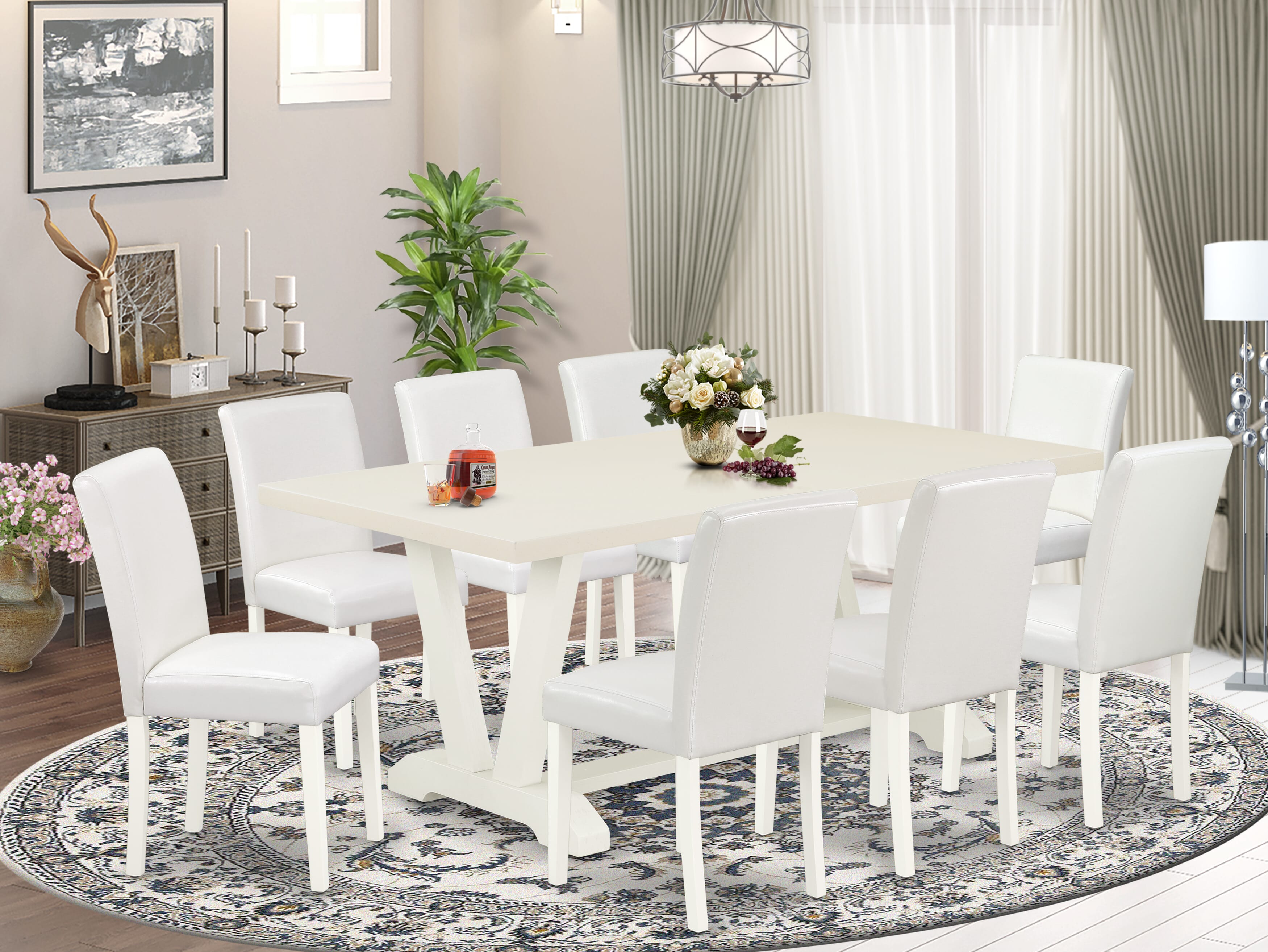 Juego de mesa de comedor moderna de 9 piezas East West Furniture V027AB264-9. Incluye una mesa rectangular de madera con patas en V y 8 sillas de comedor Parson de piel sintética blanca.