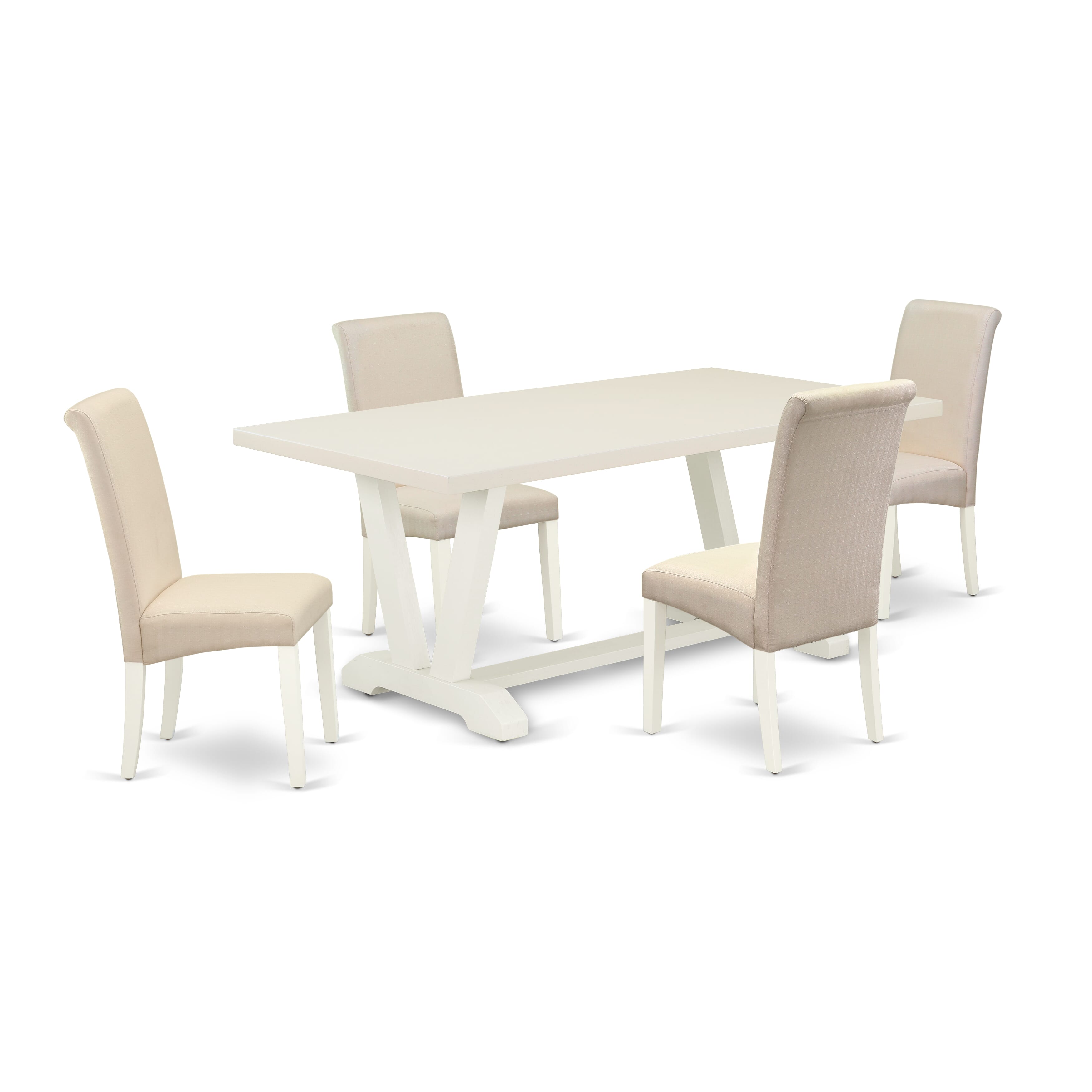 V027BA201-5 5-Pc Modern Dining Table SetIncluded 4 dining room chairs Upholstered Nails Head Seat and Stylish Chair Back and Rectangular Table with linen white Kitchen Table top (linen white Finish)