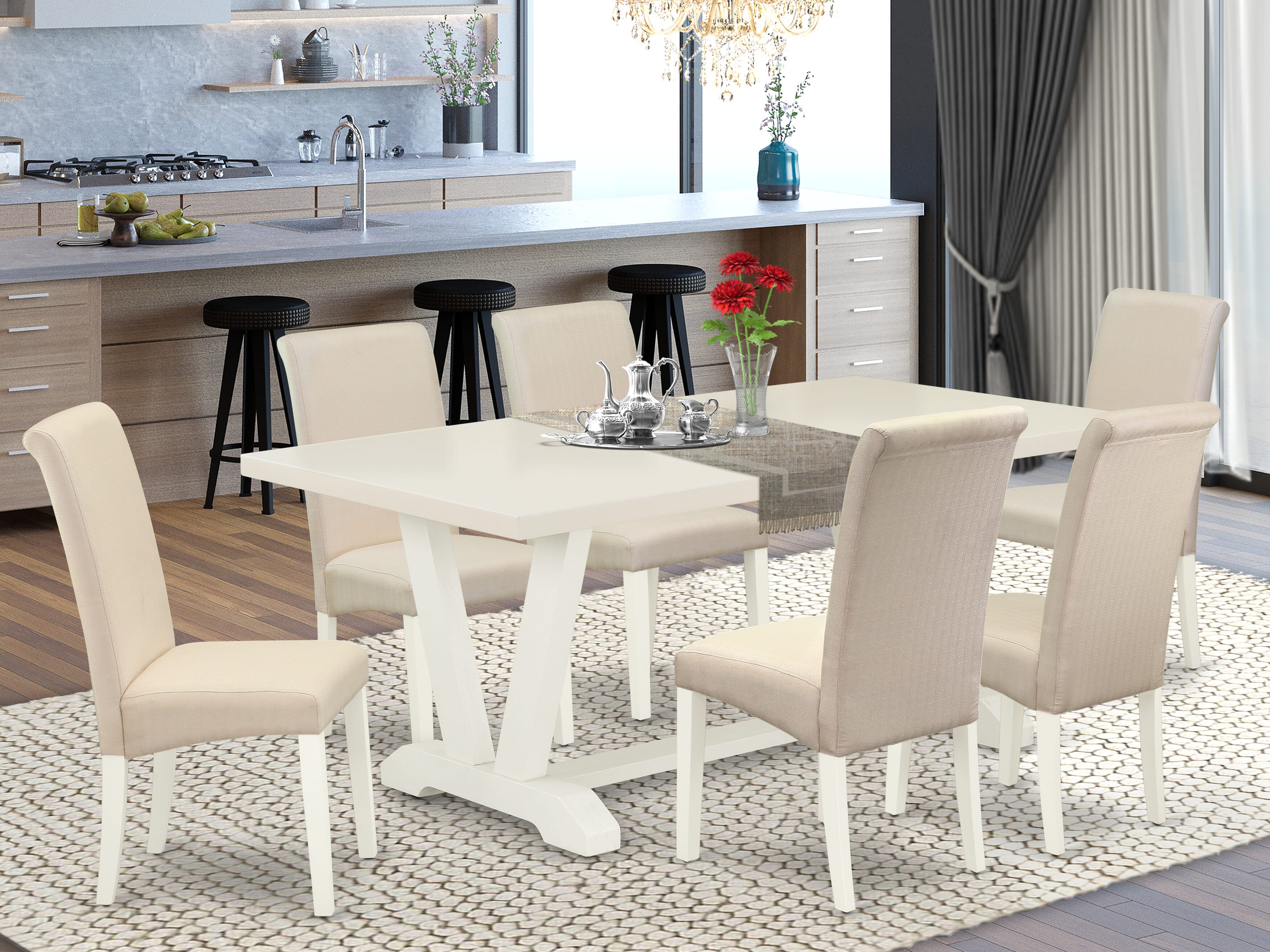 East West Furniture V027BA201-7 7-Pc Dining room Table Set a Beautiful linen white Kitchen Table top and 6 Fantastic Parson Dining Chair with High Stylish Chair Back, linen white Finish