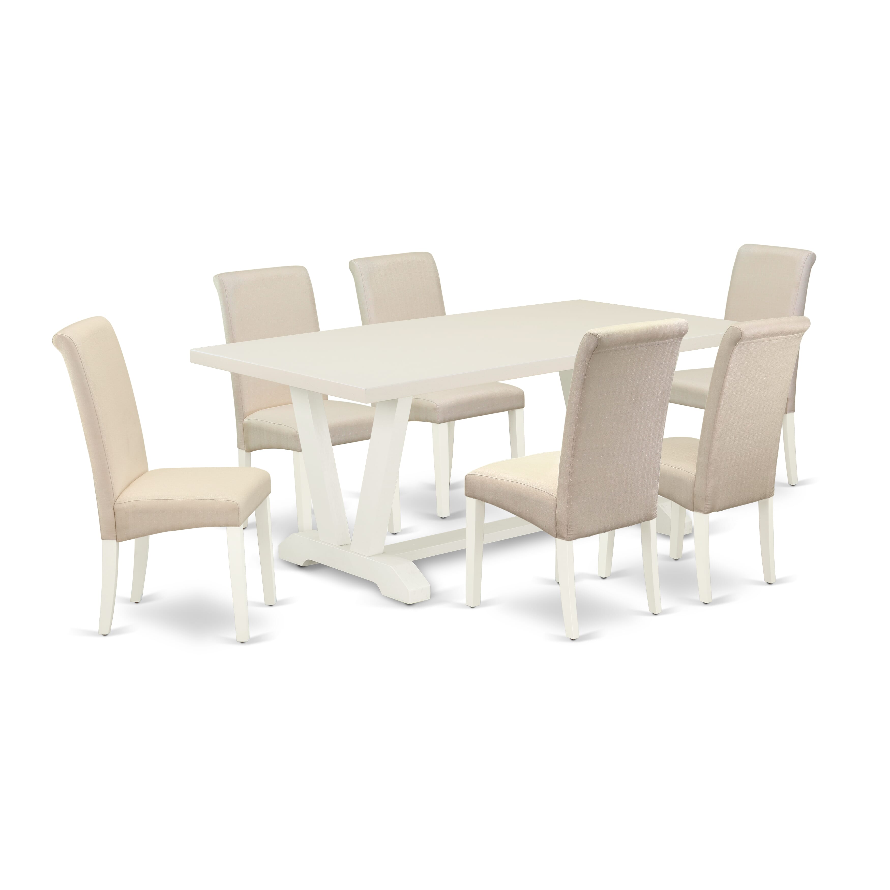East West Furniture V027BA201-7 7-Pc Dining room Table Set a Beautiful linen white Kitchen Table top and 6 Fantastic Parson Dining Chair with High Stylish Chair Back, linen white Finish