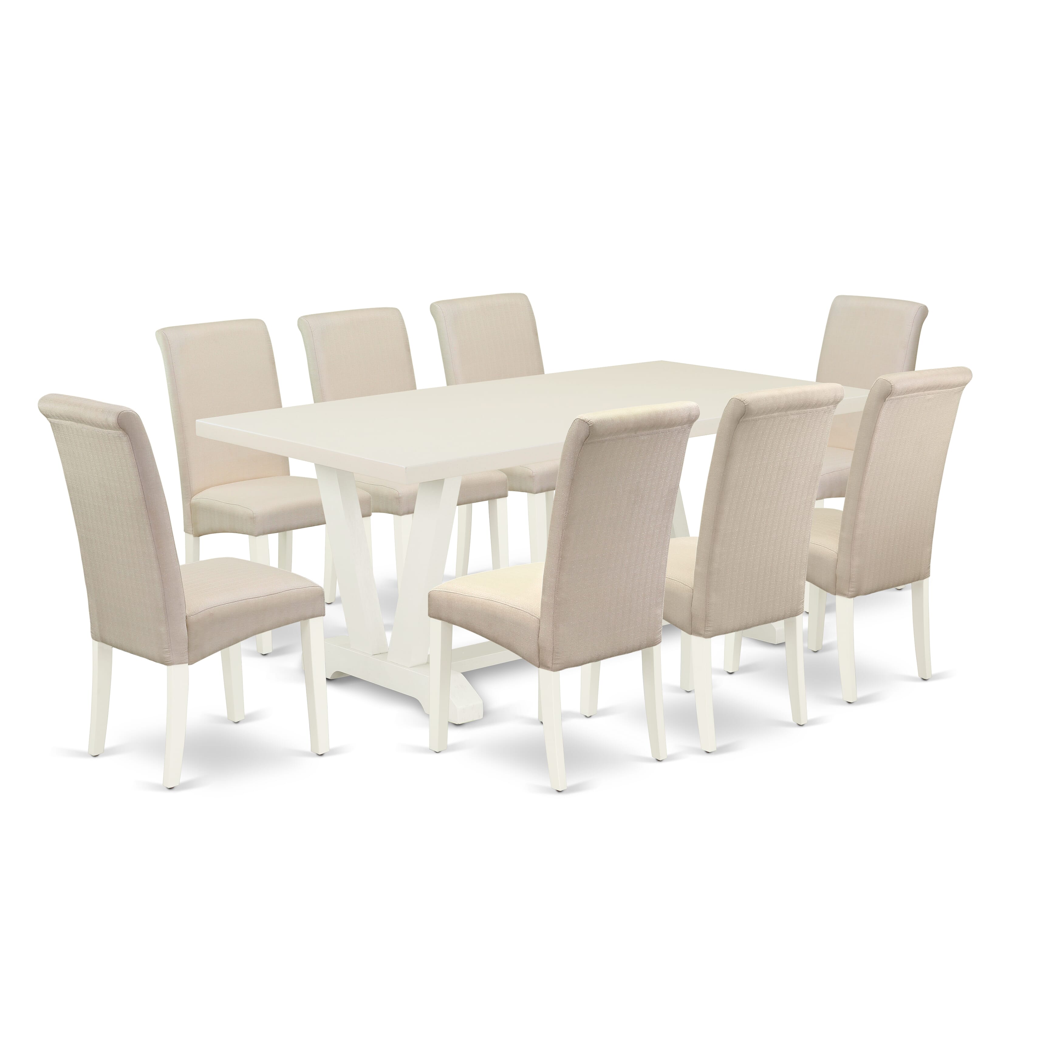 V027BA201-9 9-Pc Dining Set a beautiful linen white Small Dining Table top and 8 beautiful Parson Dining Chair with Nail Heads and stylish Chair Back, linen white Finish