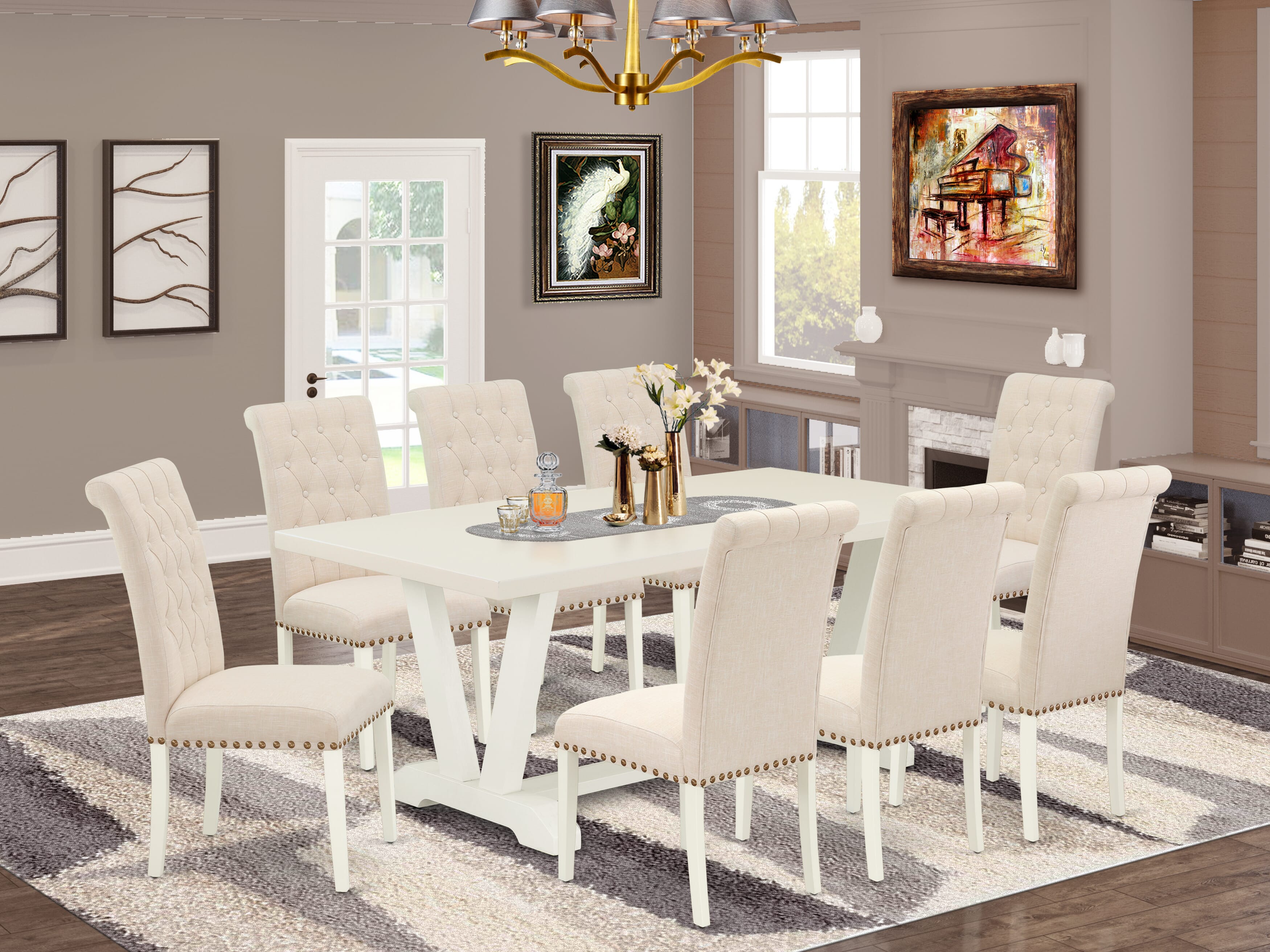 Juego de comedor East West Furniture V027BR202-9 de 9 piezas. Incluye una mesa de comedor rectangular con patas en V y 8 sillas Parson tapizadas en tela de lino beige claro.