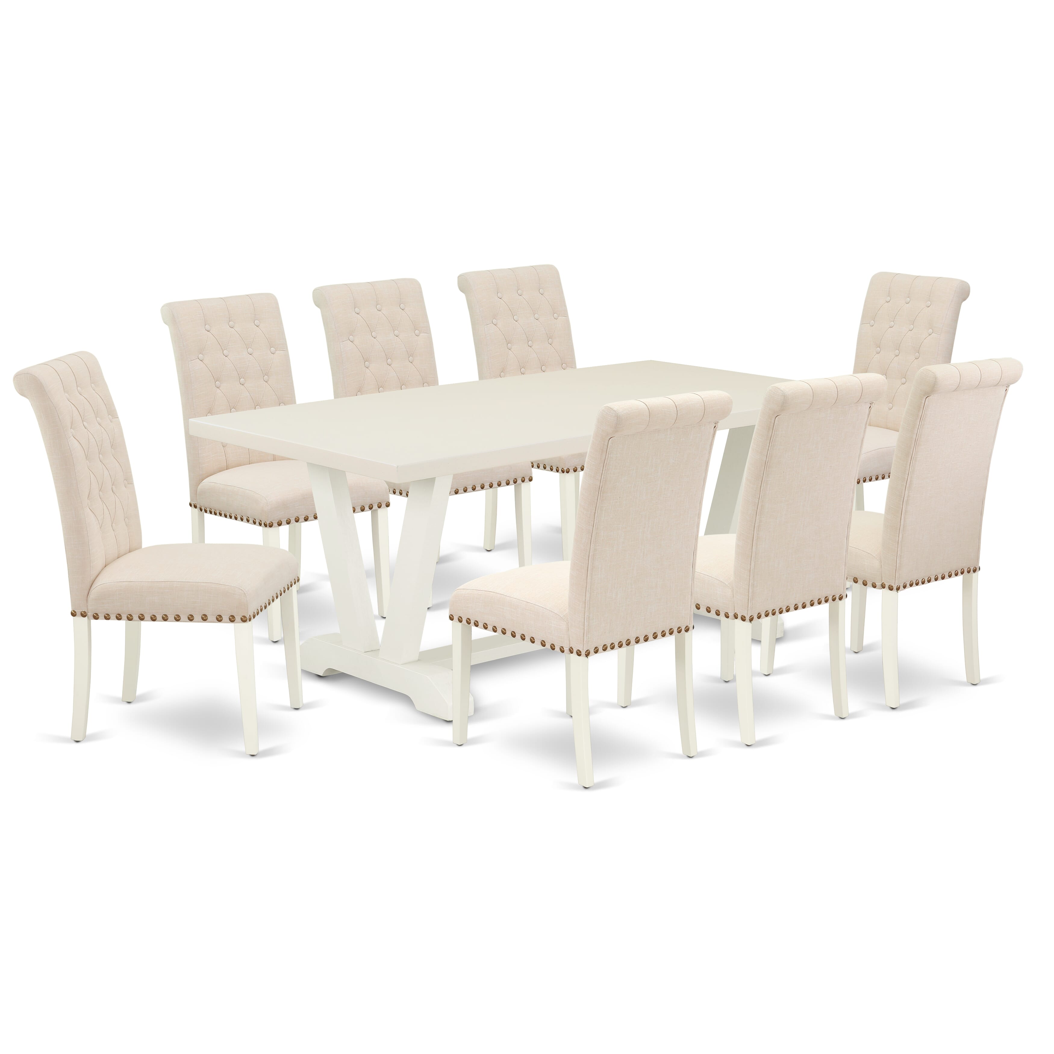 Juego de comedor East West Furniture V027BR202-9 de 9 piezas. Incluye una mesa de comedor rectangular con patas en V y 8 sillas Parson tapizadas en tela de lino beige claro.