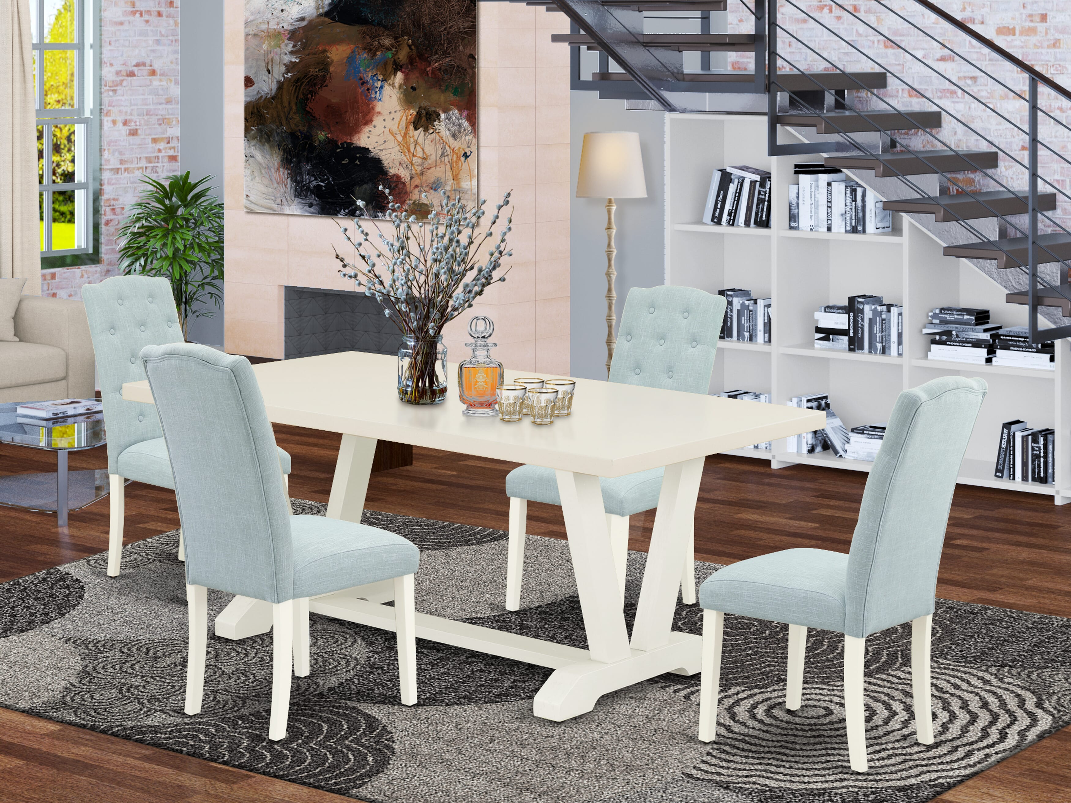 V027CE215-5 5-Pc Dining Table Set- 4 Dining Padded Chairs with Baby Blue Linen Fabric Seat and Button Tufted Chair Back - Rectangular Table - linen white Finish