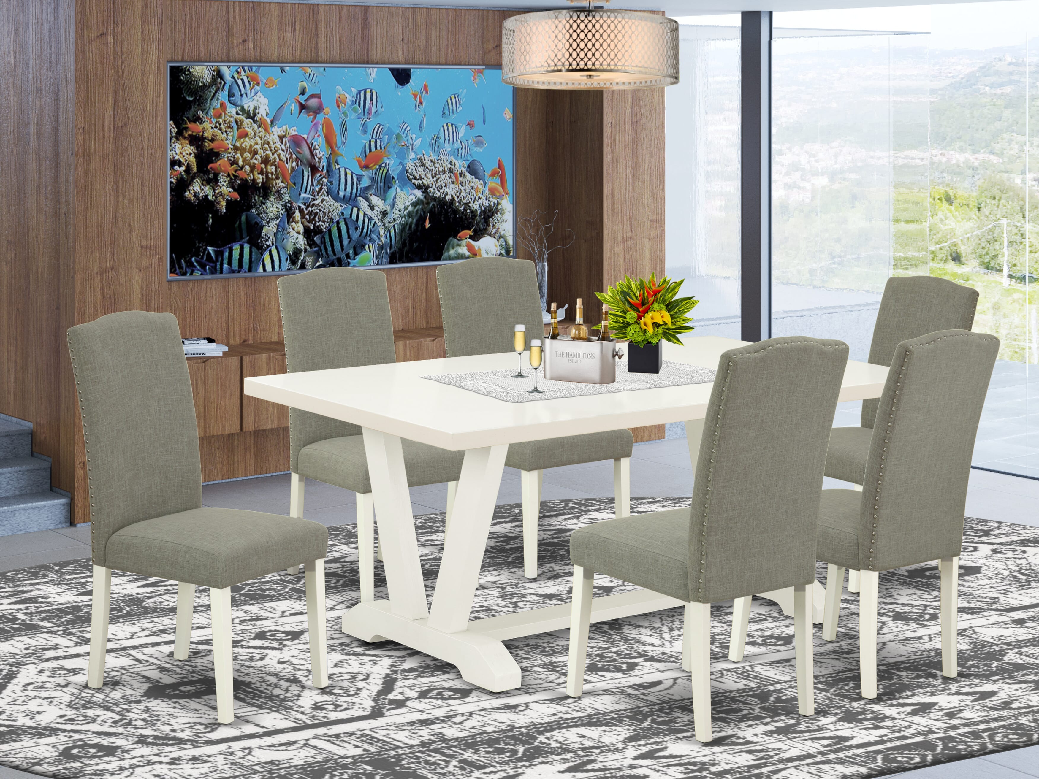 East West Furniture V027EN206-7 7-Pc modern dining table set a great linen white dining table top and 6 Beautiful Dining chairs with Nail heads and High Stylish Chair Back, linen white Finish