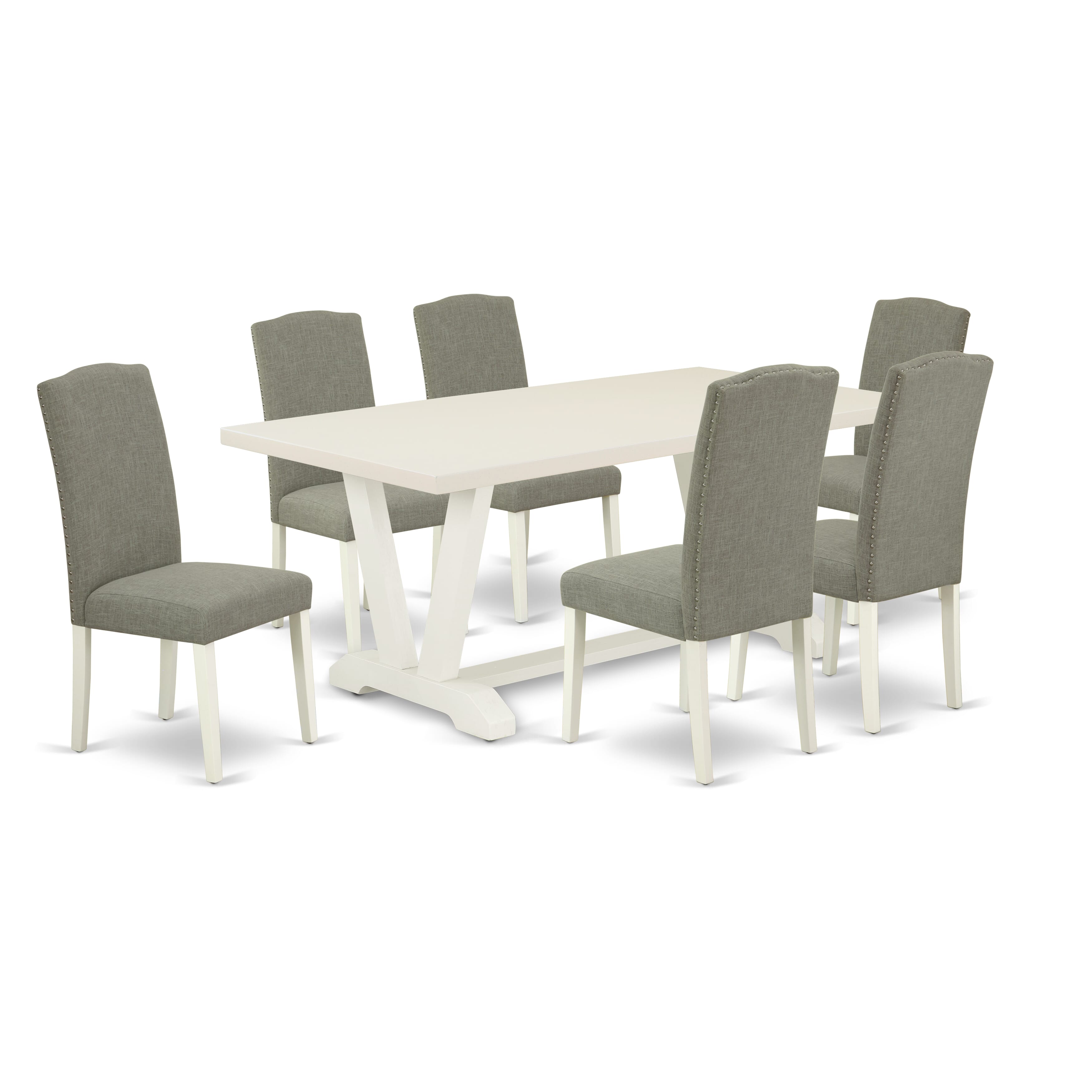 East West Furniture V027EN206-7 7-Pc modern dining table set a great linen white dining table top and 6 Beautiful Dining chairs with Nail heads and High Stylish Chair Back, linen white Finish