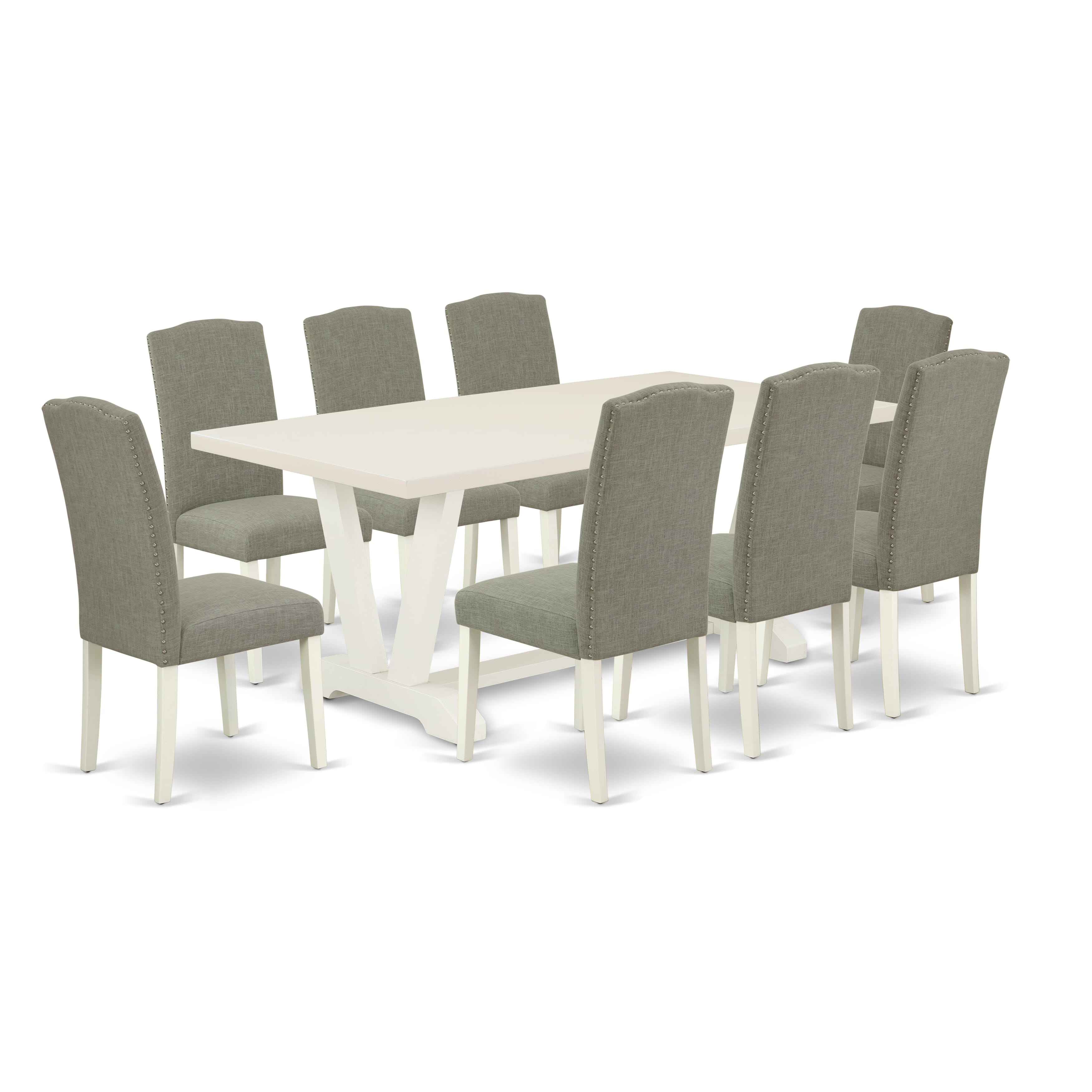 Juego de comedor de 9 piezas East West Furniture V027EN206-9. Incluye una mesa de cocina rectangular con patas en V y 8 sillas tapizadas en tela de lino shitake oscuro.