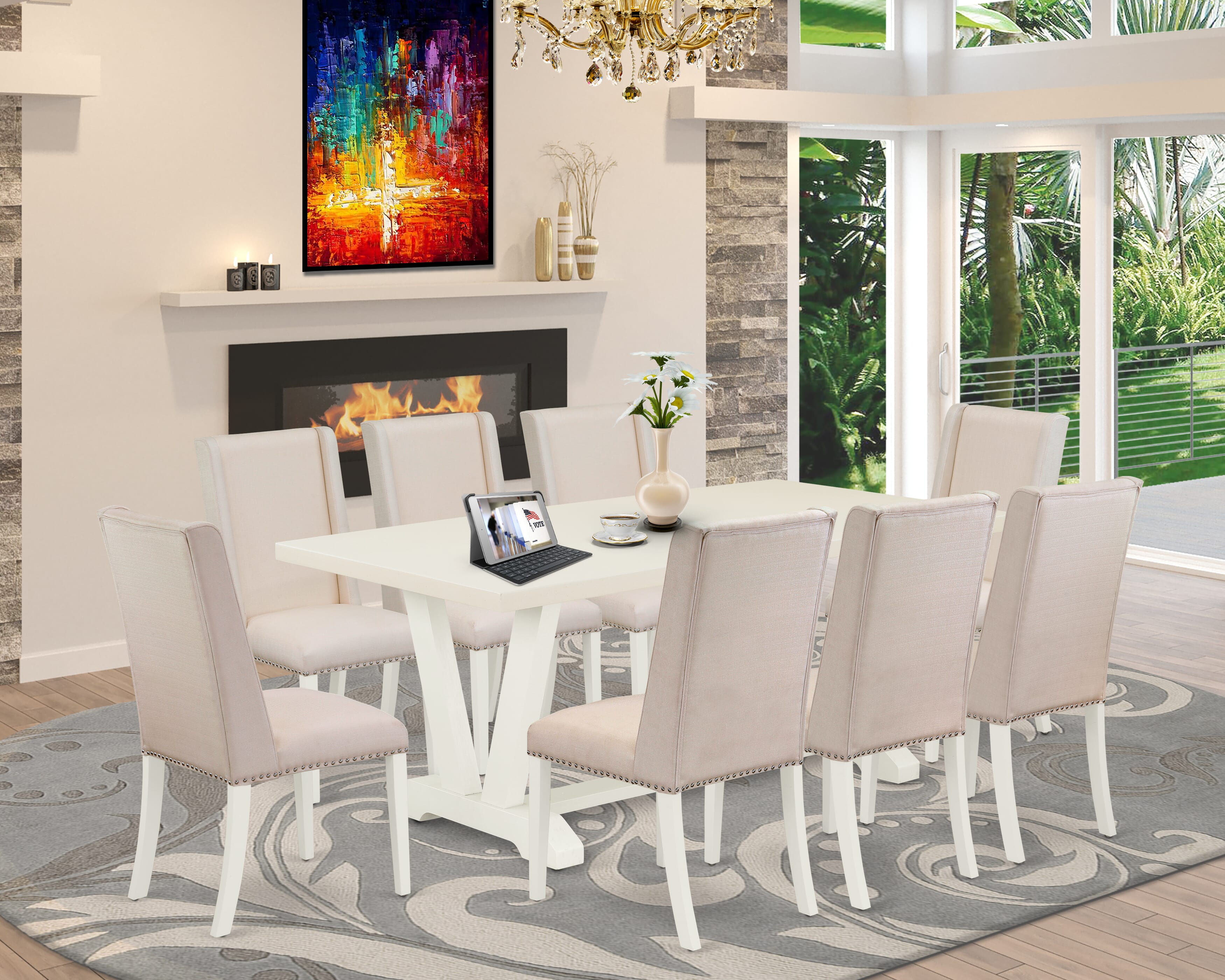 V027FL201-9 9-Piece Dinette Set with Dining Room Table and 8 Linen Fabric Dining Chairs (linen white Finish)