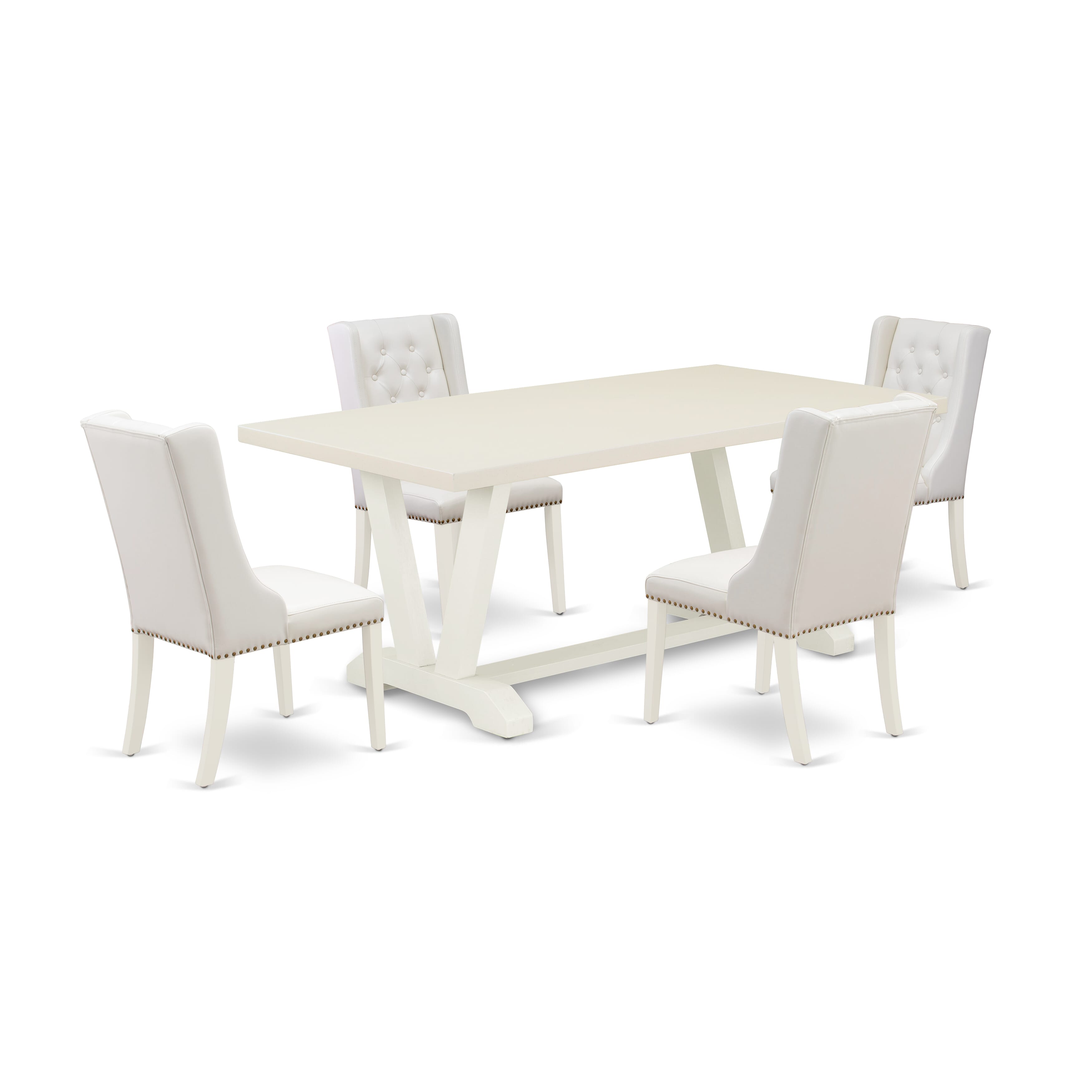 V027FO244-5 5-Piece Dining Table Set Consists of 4 Linen white Pu faux Leather Mid Century Dining Chairs with Nailheads and Wooden Dining Table - linen white Finish