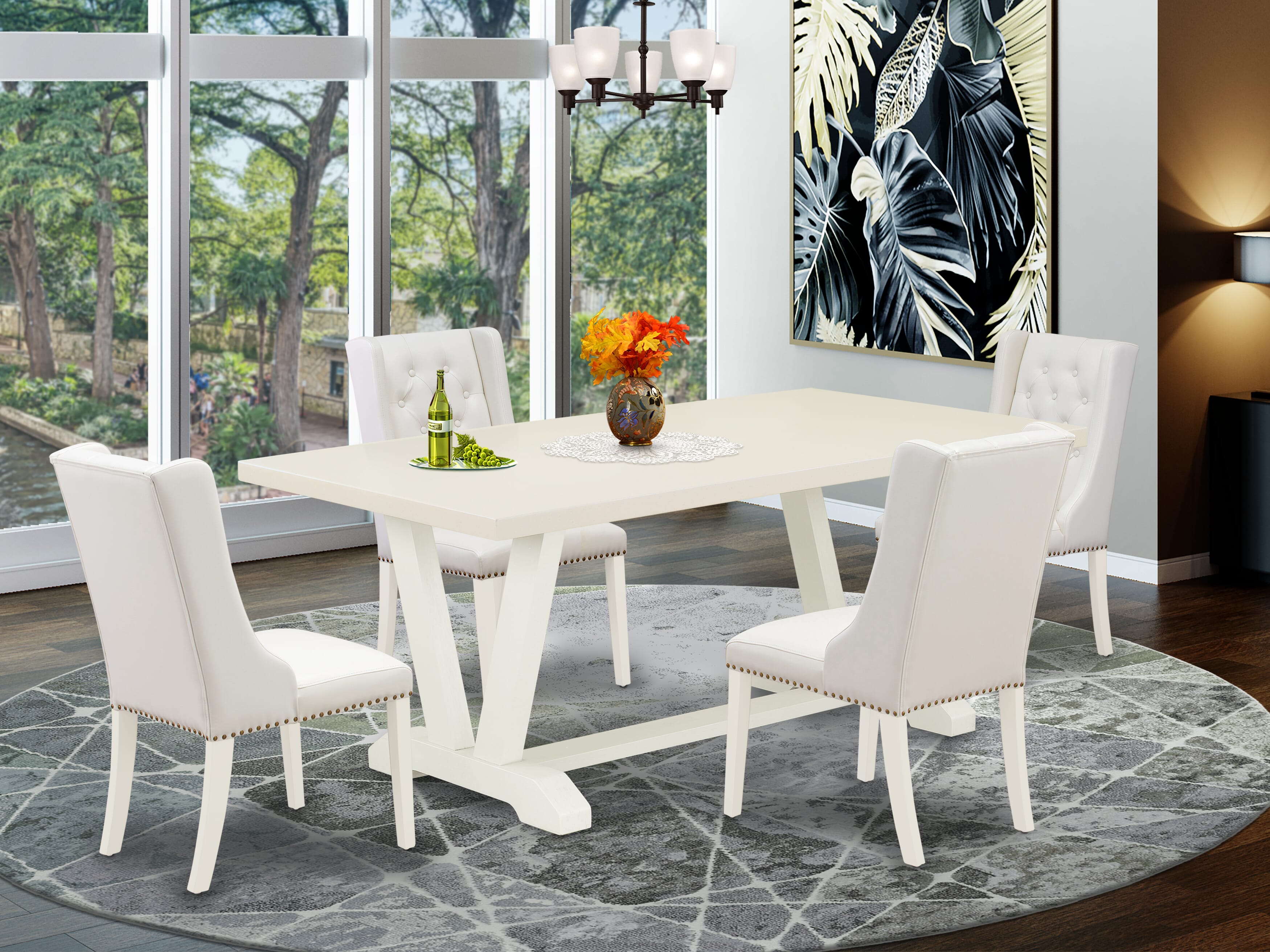 V027FO244-5 5-Piece Dining Table Set Consists of 4 Linen white Pu faux Leather Mid Century Dining Chairs with Nailheads and Wooden Dining Table - linen white Finish