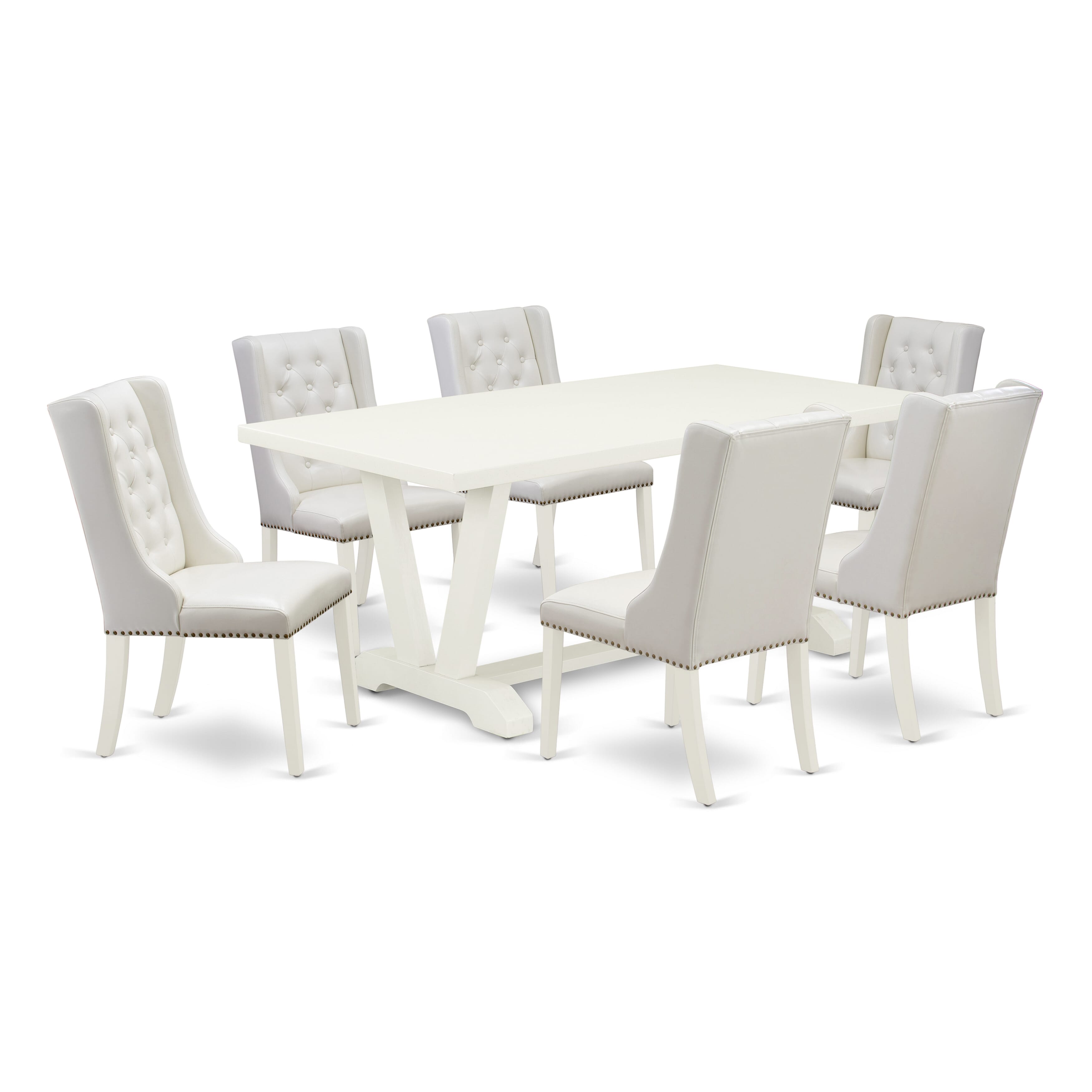 V027FO244-7 7-Pc Dining Set Contains 6 Linen white Pu faux Leather Upholstered Dining Chairs Button Tufted with Nail heads and Modern Dining Room Table - linen white Finish