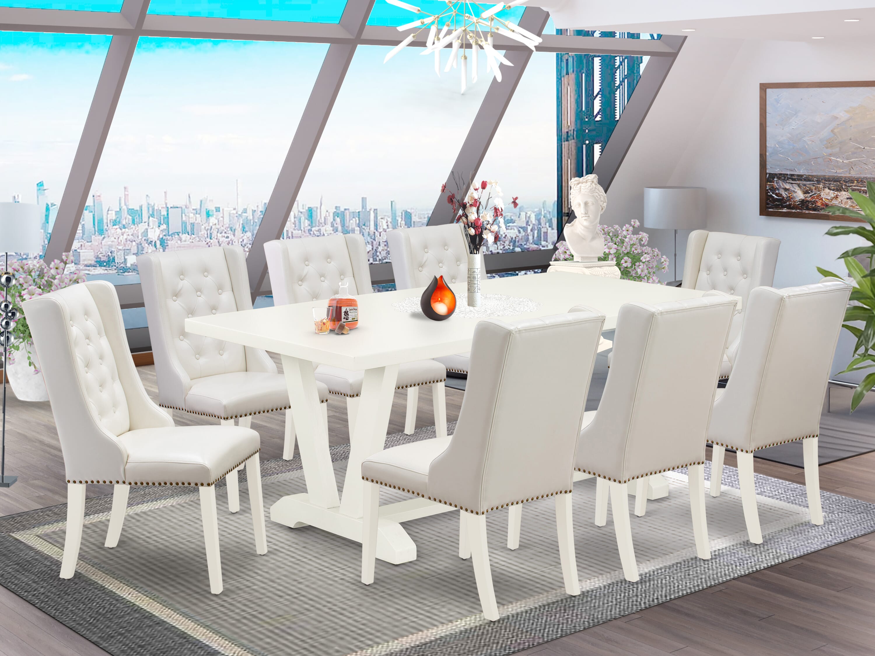 East West Furniture V027FO244-9 9-Pc Dining Room Table Set Consists of 8 Pu faux Leather Dining Chairs Button Tufted with Nail Heads and Wood Dining Table - linen white Finish