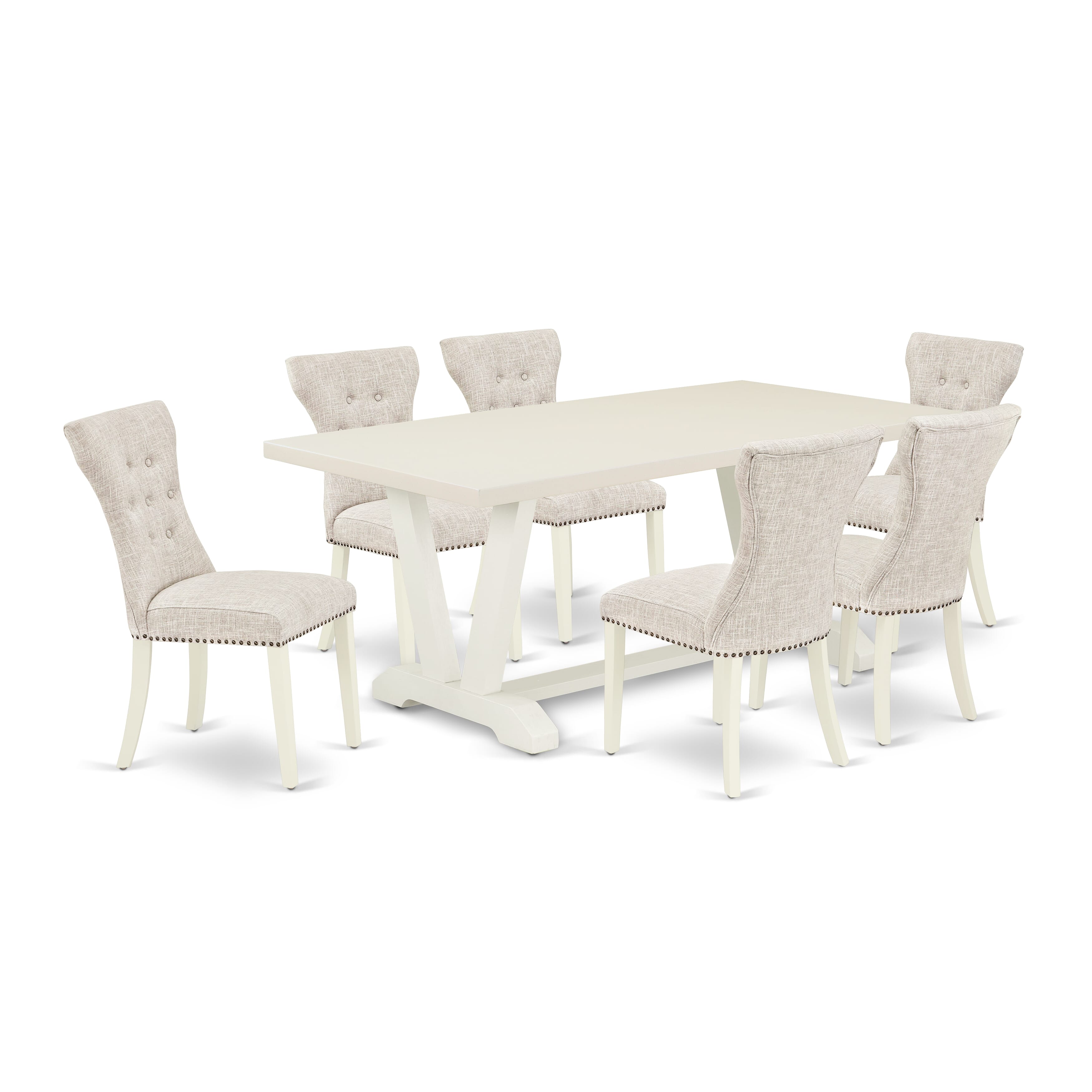 East West Furniture V027GA235-7 7-Pc Dining Room Table Set- 6 Dining Chairs with Doeskin Linen Fabric Seat and Button Tufted Chair Back - Rectangular Table top & Wooden Legs (linen white Finish)