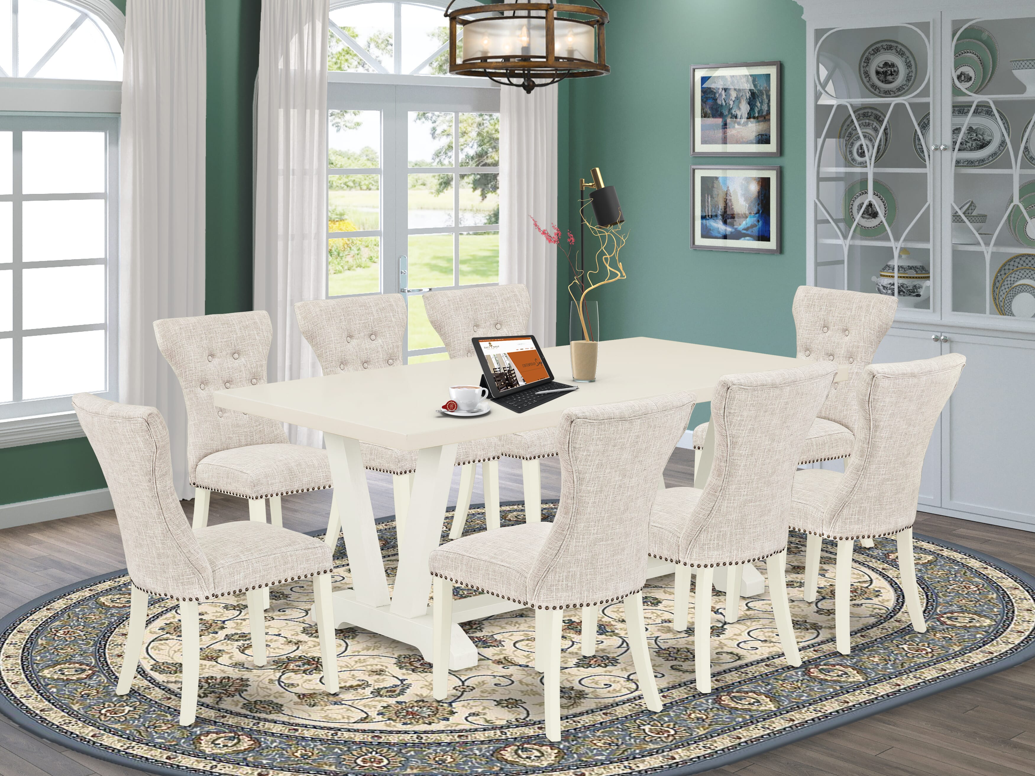 V027GA235-9 9-Piece Modern Dining Set- 8 Kitchen Chairs with Doeskin Linen Fabric Seat and Button Tufted Chair Back - Rectangular Table top & Wooden Legs (linen white Finish)
