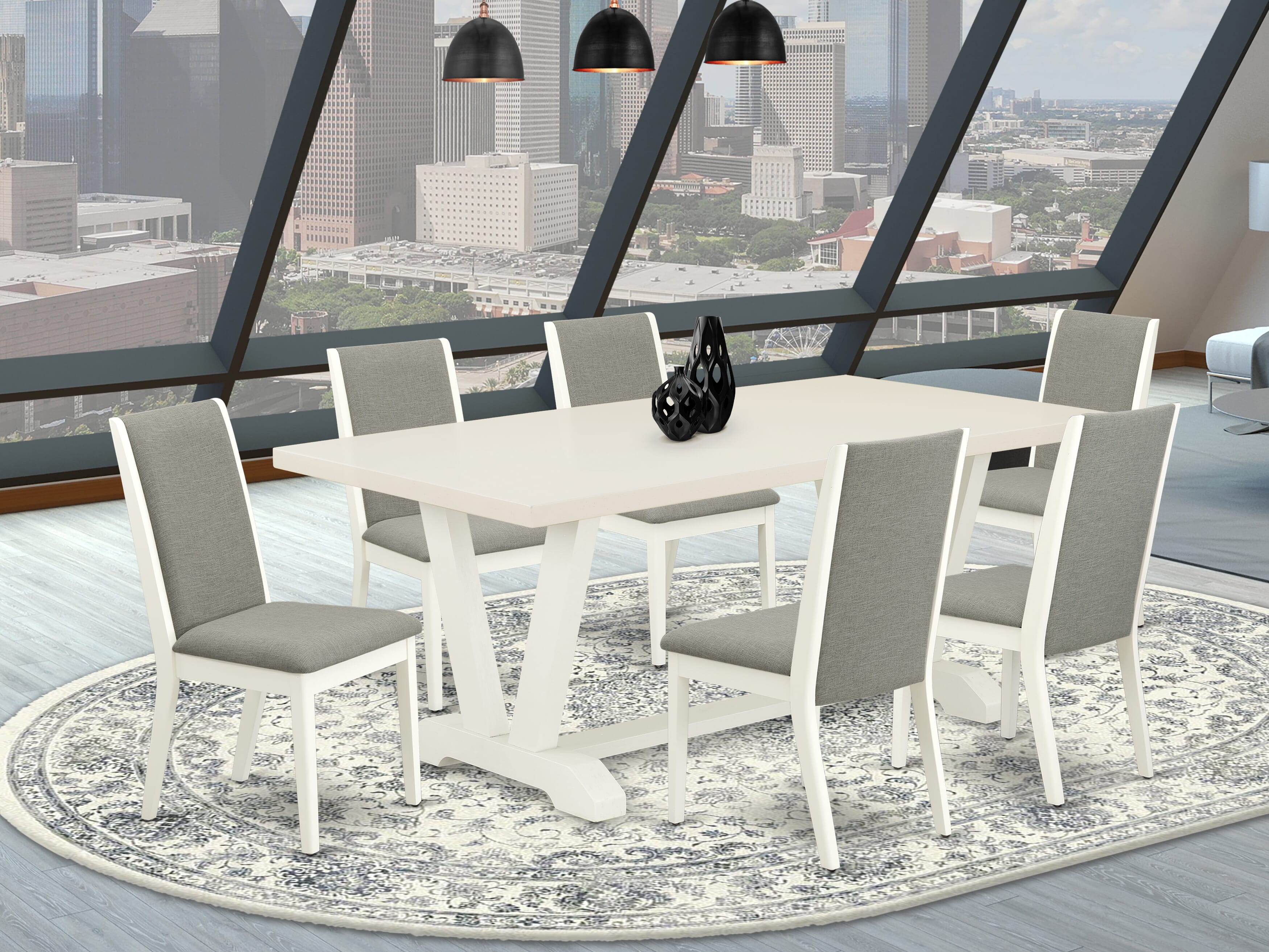 East West Furniture V027LA206-7 7-Piece Dining Room Table Set with Dining Table and 6 Linen Fabric Padded Chairs (linen white Finish)