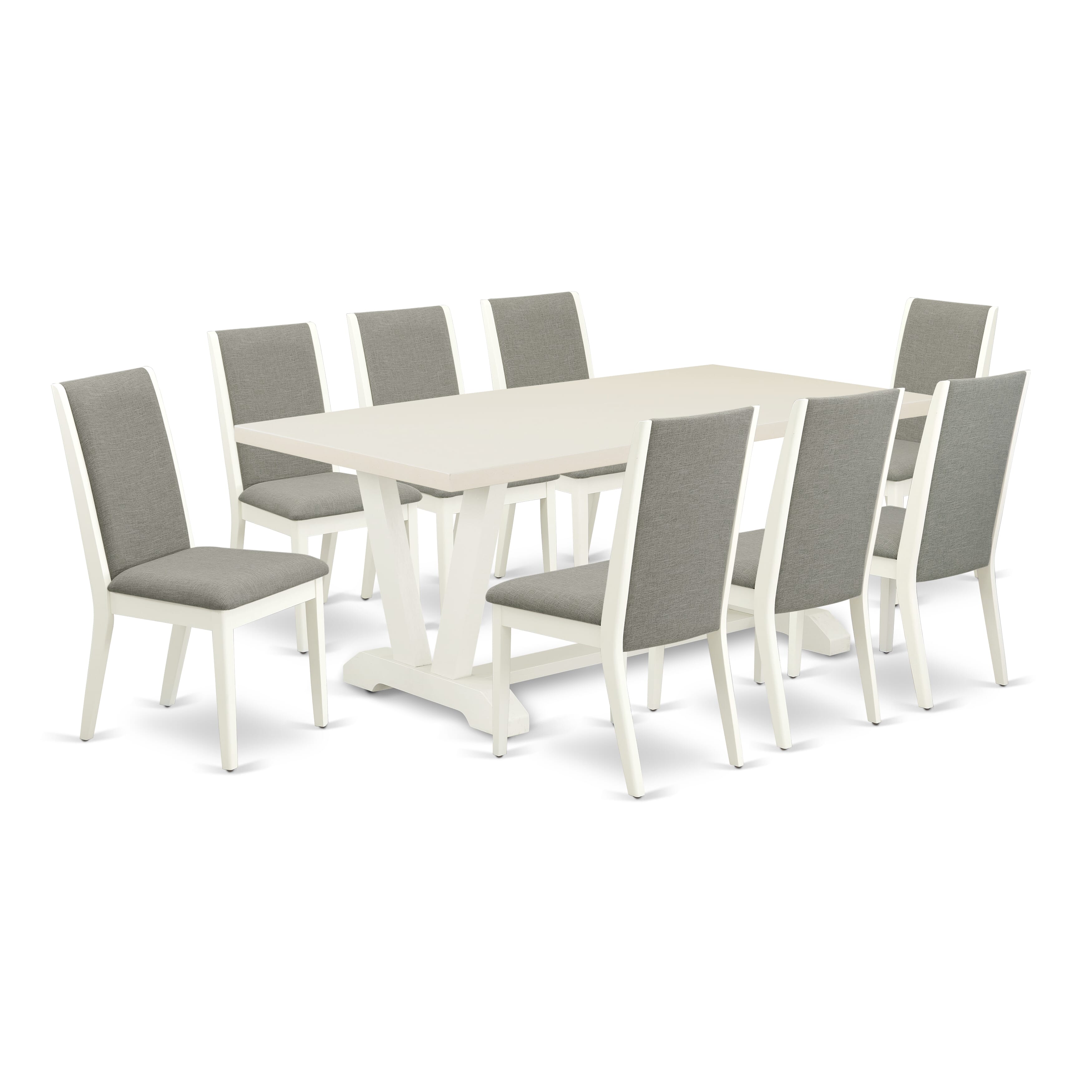 V027LA206-9 9-Piece Dining Table Set with Dining Table and 8 Linen Fabric dining room chairs (linen white Finish)